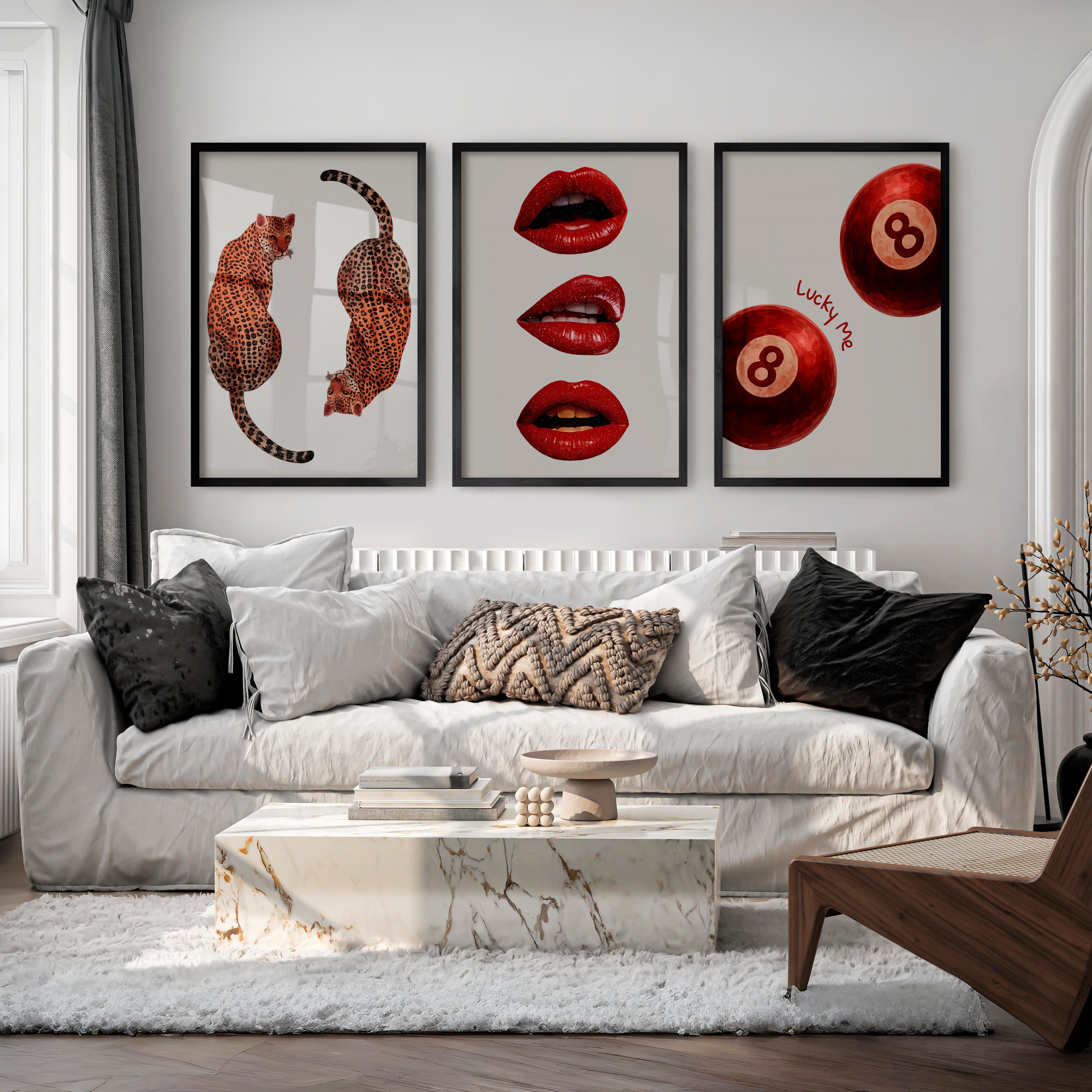 Leopard Lips retro posters wall art with 8 Balls - Black Framed Poster No Border - Artworksets