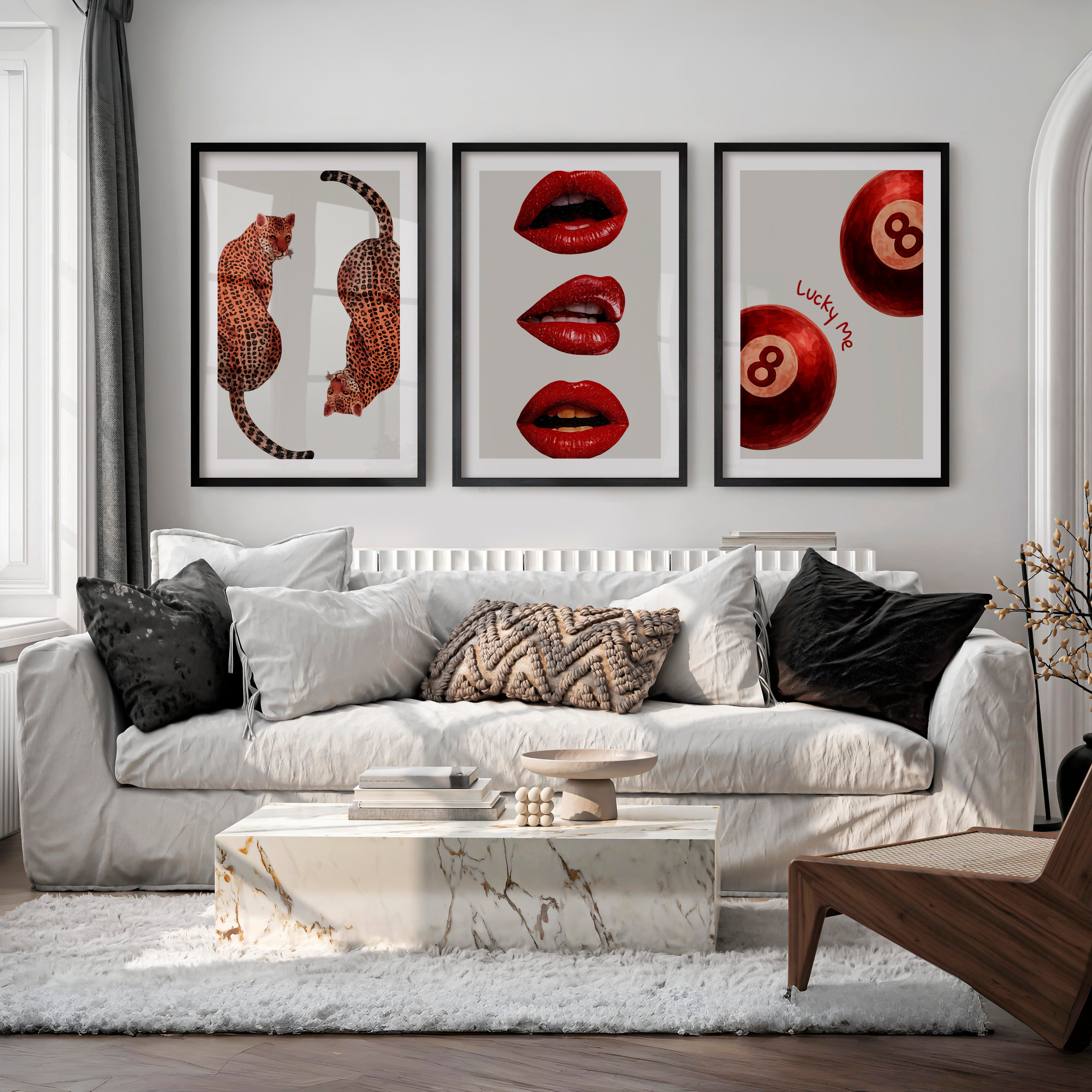 Leopard Lips retro posters wall art with 8 Balls - Black Framed Poster with White Border - Artworksets