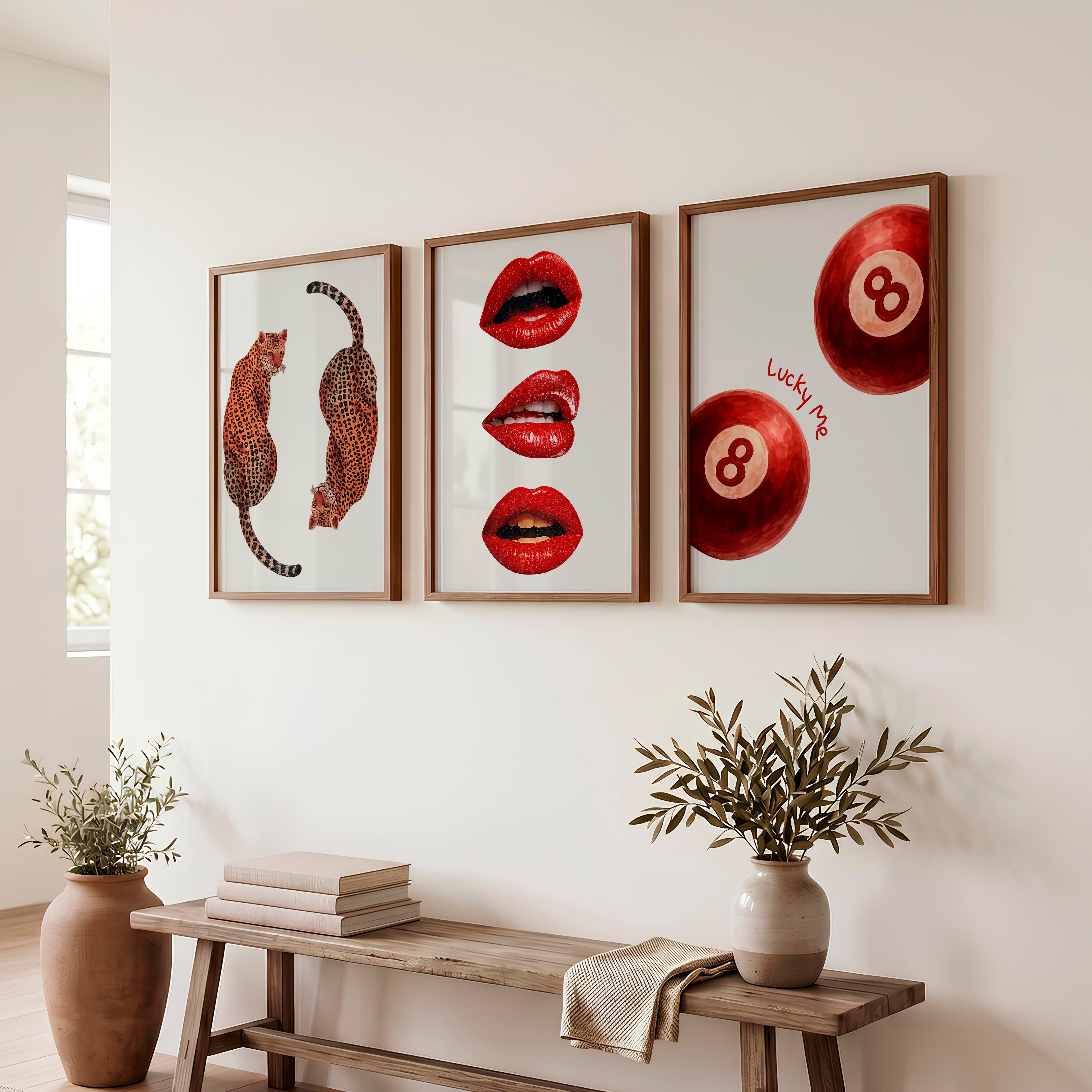 Leopard Lips retro posters wall art with 8 Balls - Dark Brown Framed Poster No Border - Artworksets