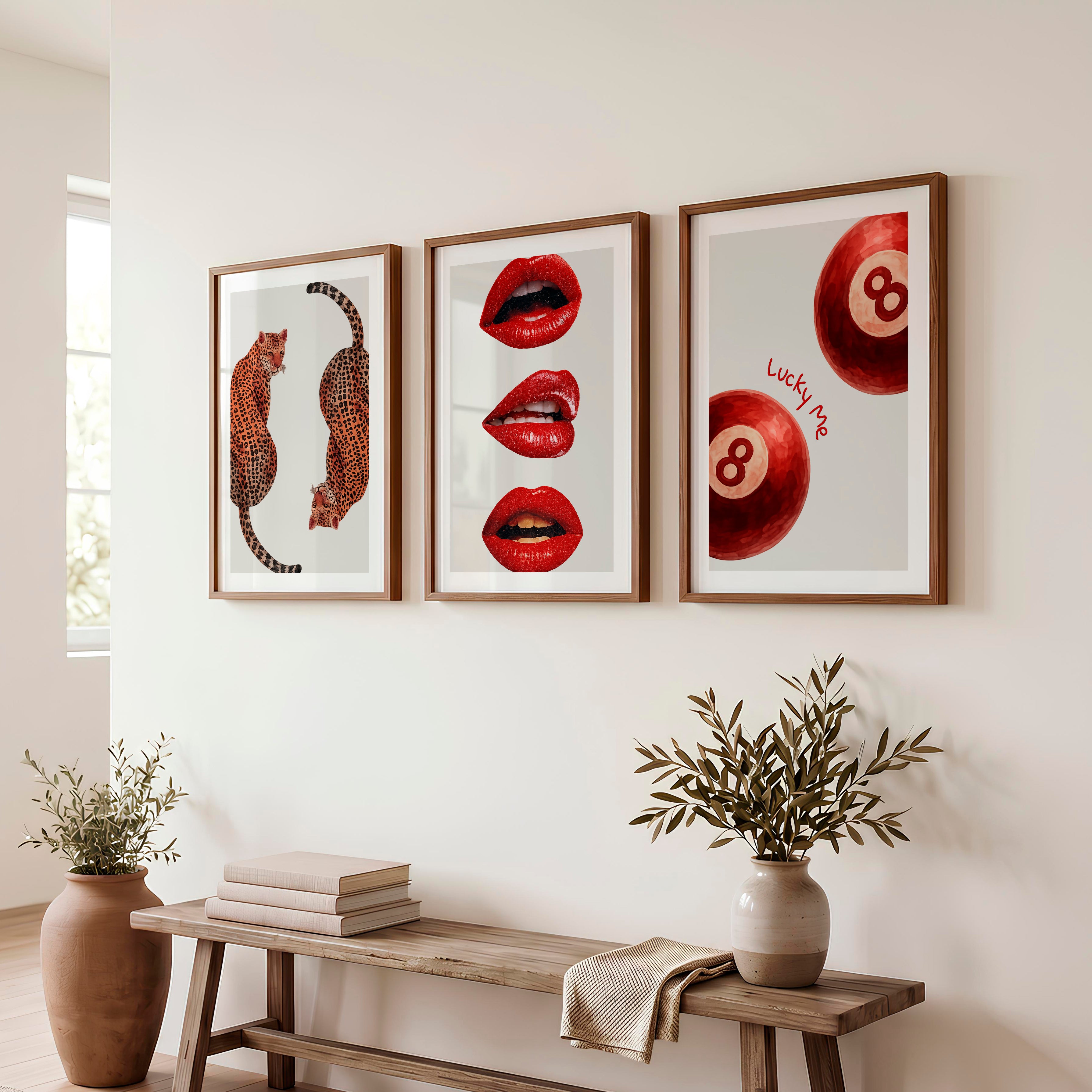 Leopard Lips retro posters wall art with 8 Balls - Dark Brown Framed Poster with White Border - Artworksets