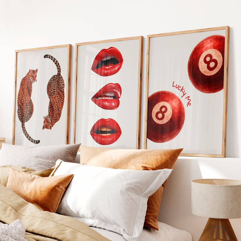Leopard Lips retro posters wall art with 8 Balls - Natural Wood Framed Poster No Border - Artworksets