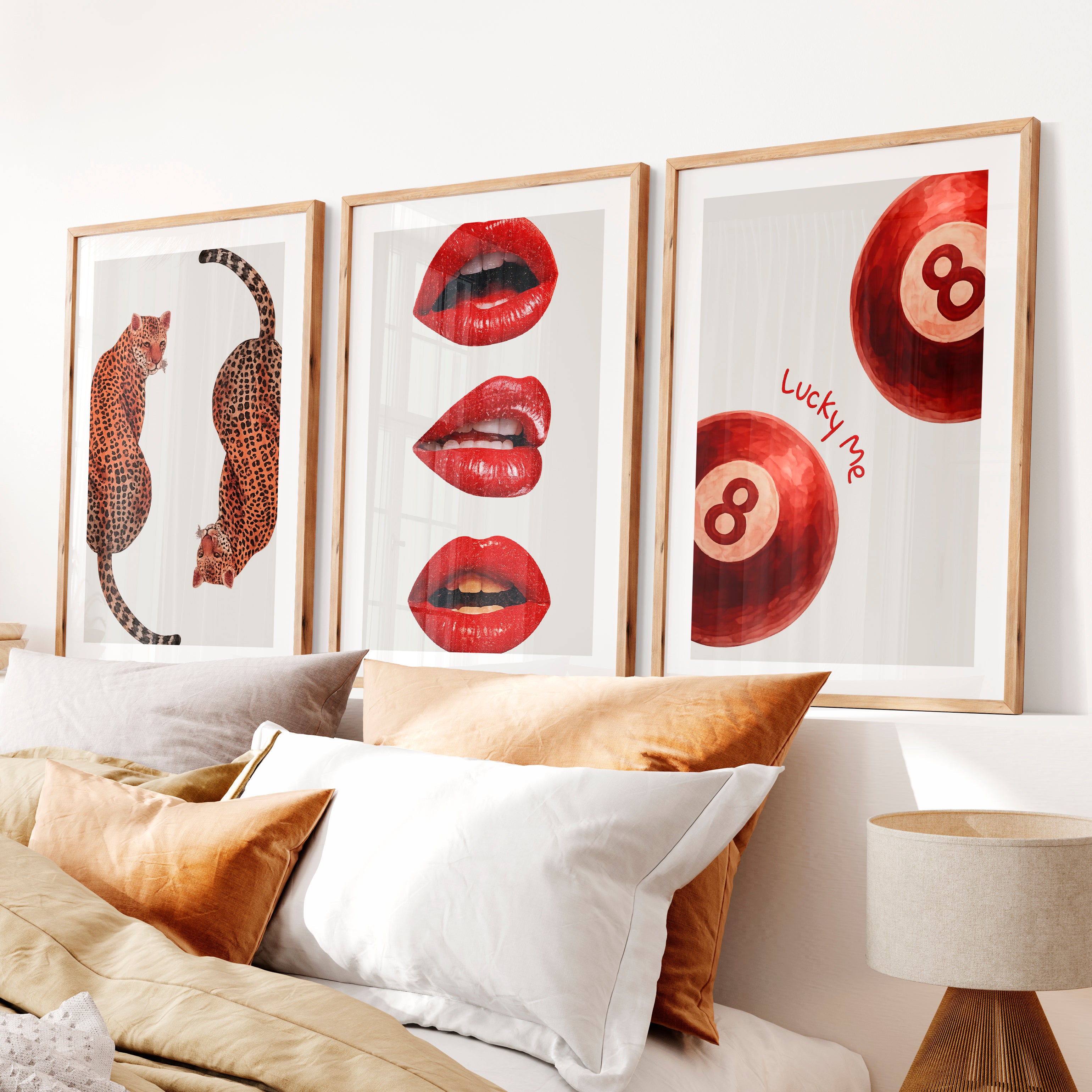 Leopard Lips retro posters wall art with 8 Balls- Natural Wood Framed Poster with White Border - Artworksets