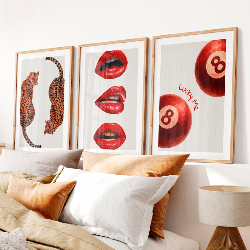 Leopard Lips retro posters wall art with 8 Balls- Natural Wood Framed Poster with White Border - Artworksets