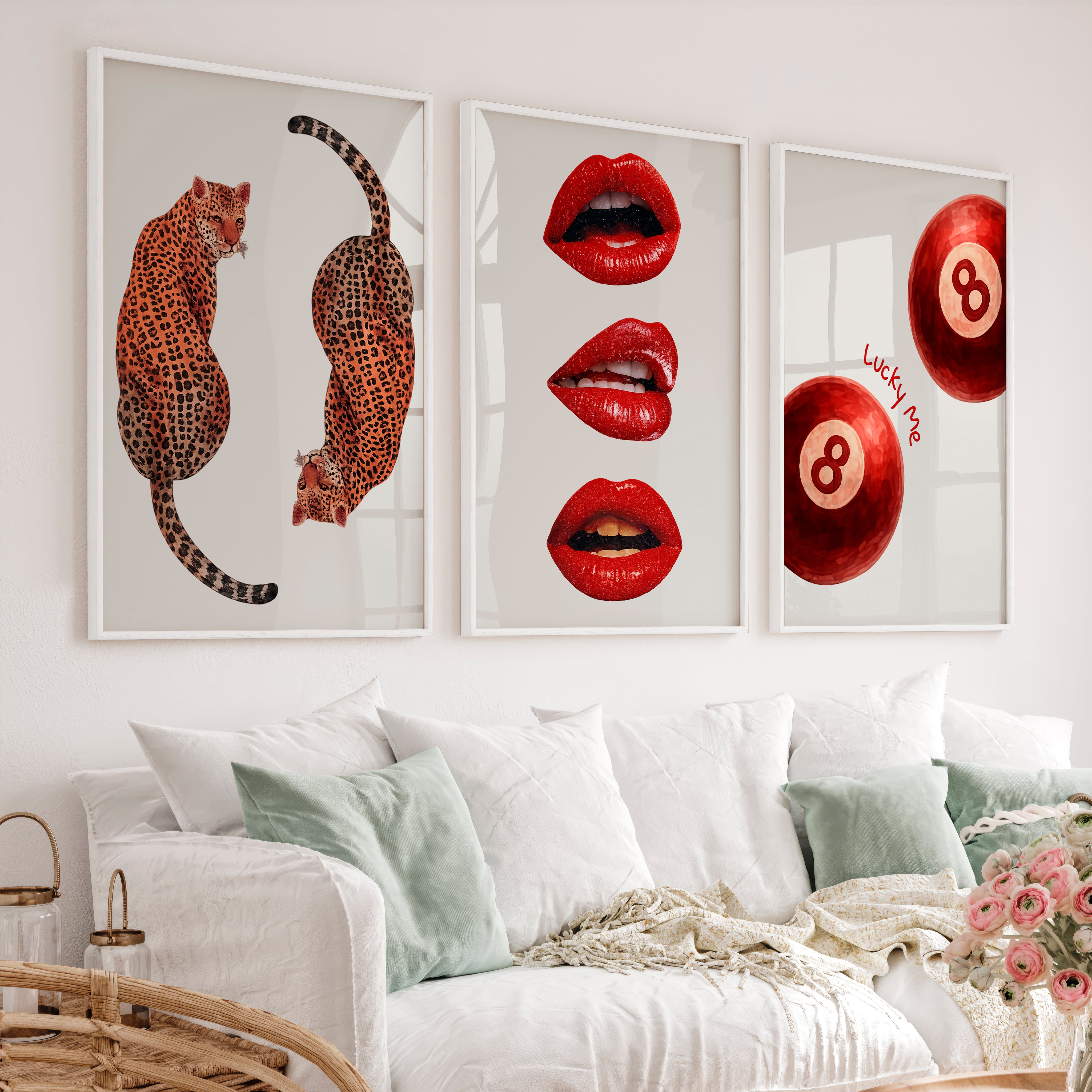 Leopard Lips retro posters wall art with 8 Balls - White Framed Poster No Border - Artworksets