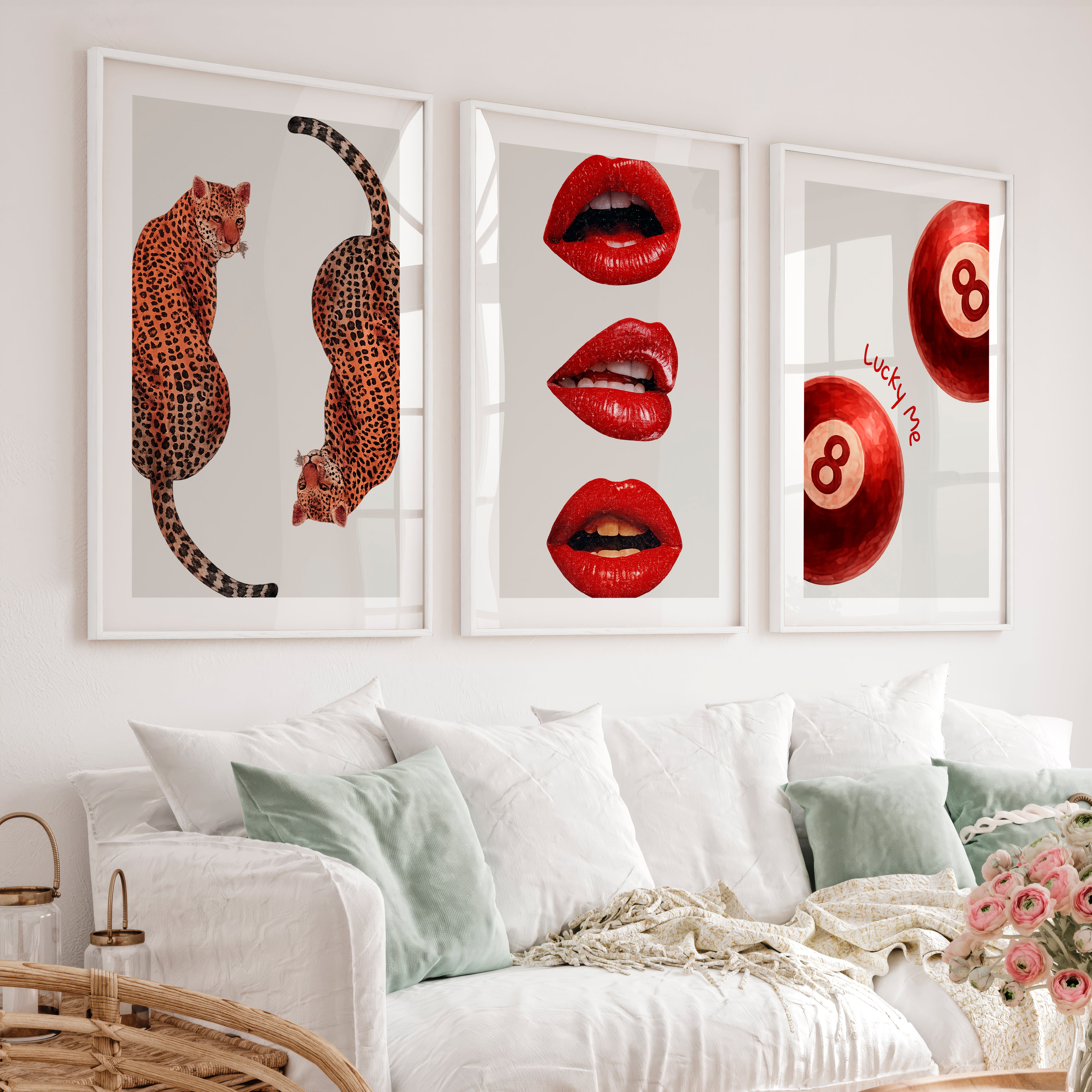 Leopard Lips retro posters wall art with 8 Balls - White Framed Poster with White Border - Artworksets