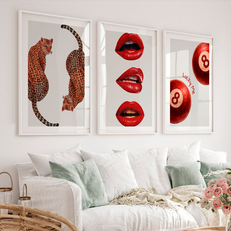 Leopard Lips retro posters wall art with 8 Balls - White Framed Poster with White Border - Artworksets