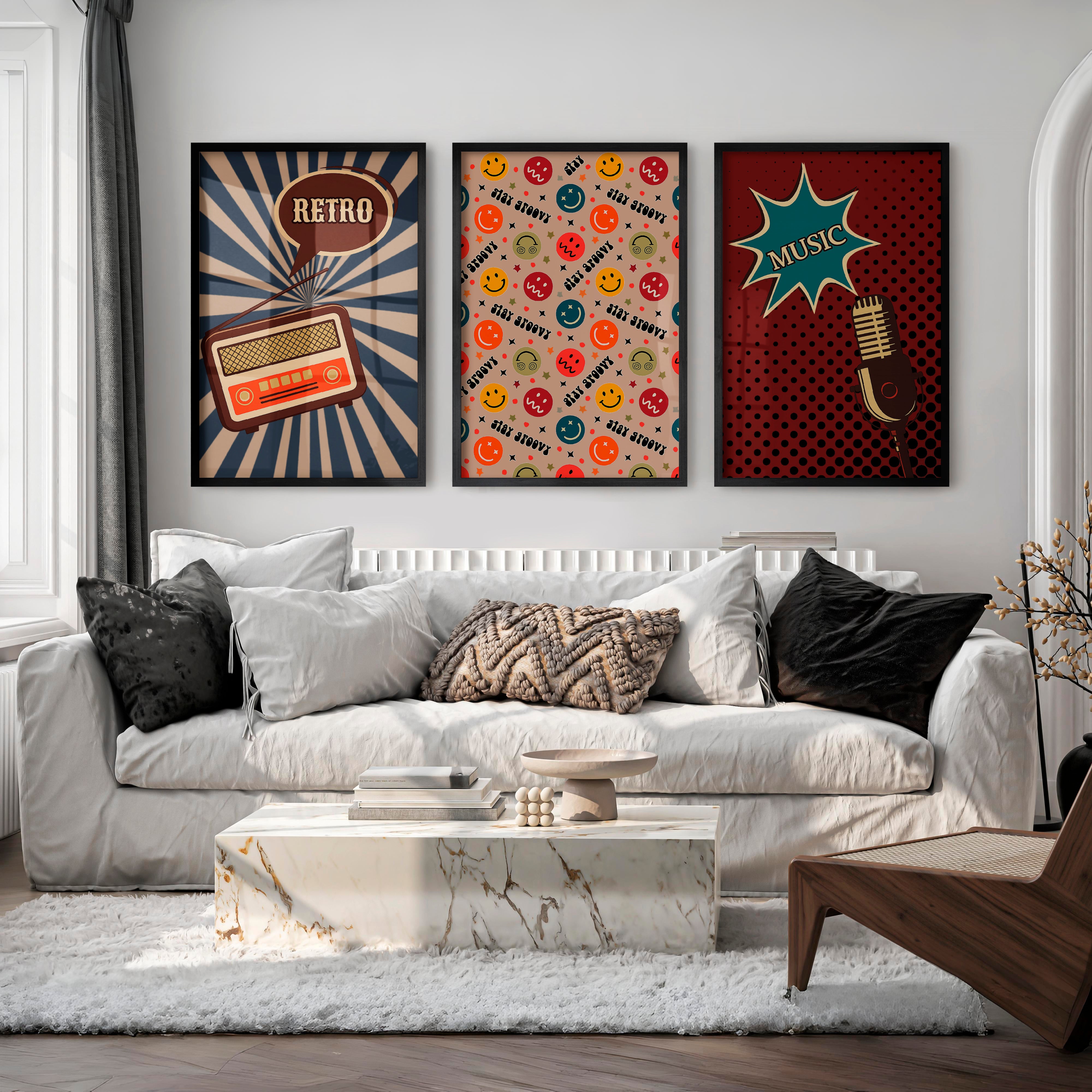 Retro Posters Wall Art with Radio and Music Graphics - Black Framed Poster No Border - Artworksets