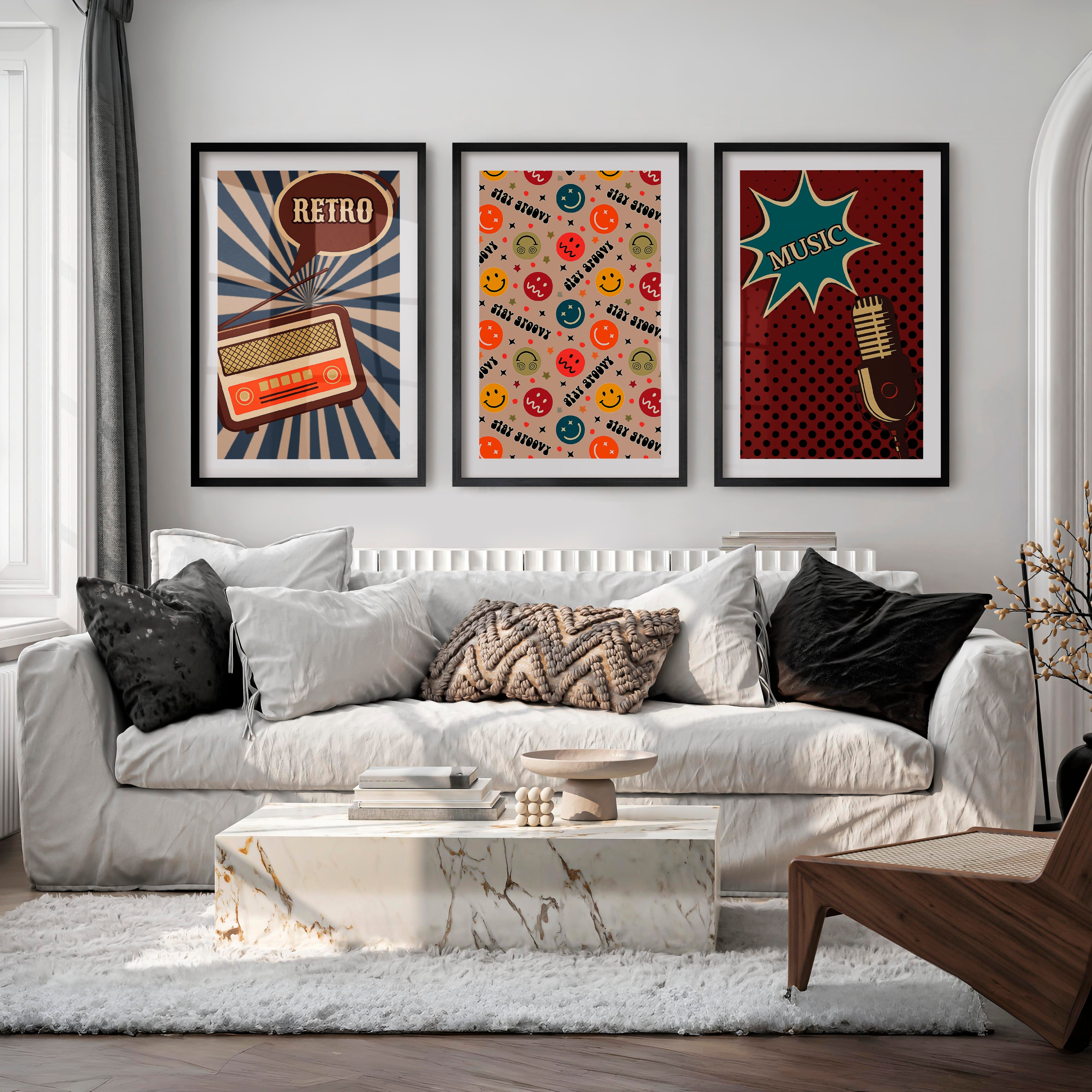 Retro Posters Wall Art with Radio and Music Graphics - Black Framed Poster with White Border - Artworksets
