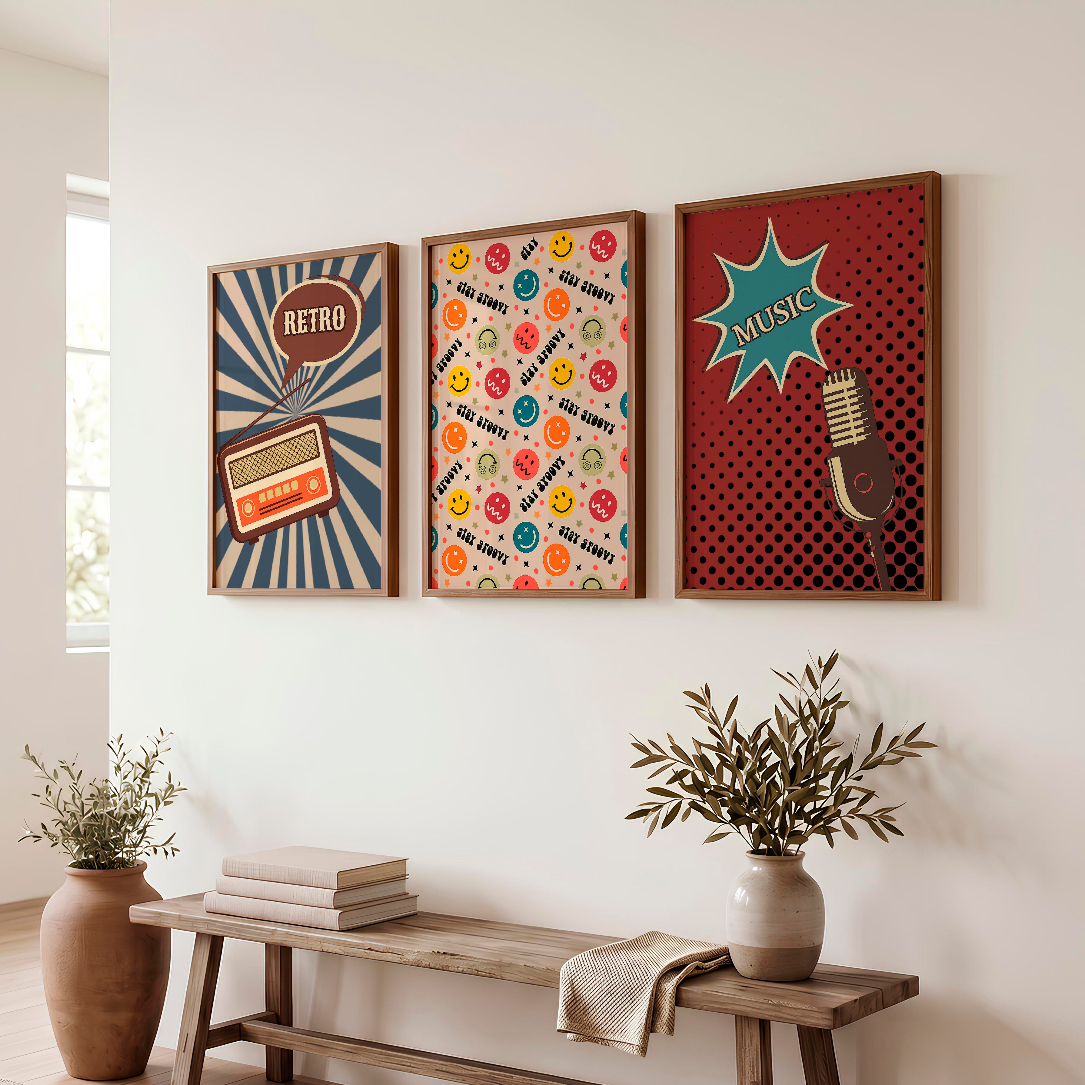 Retro Posters Wall Art with Radio and Music Graphics - Dark Brown Framed Poster No Border - Artworksets