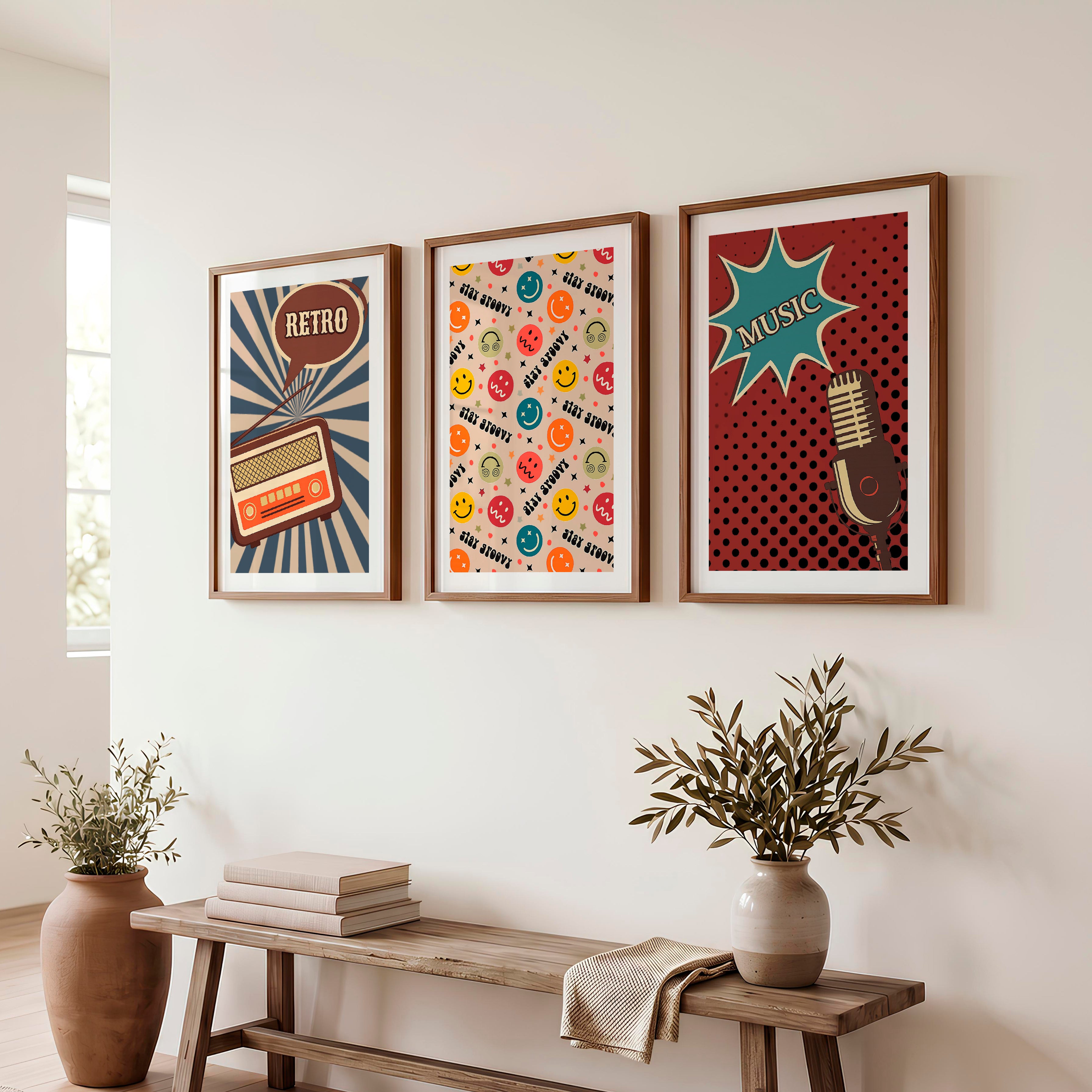 Retro Posters Wall Art with Radio and Music Graphics - Dark Brown Framed Poster with White Border - Artworksets