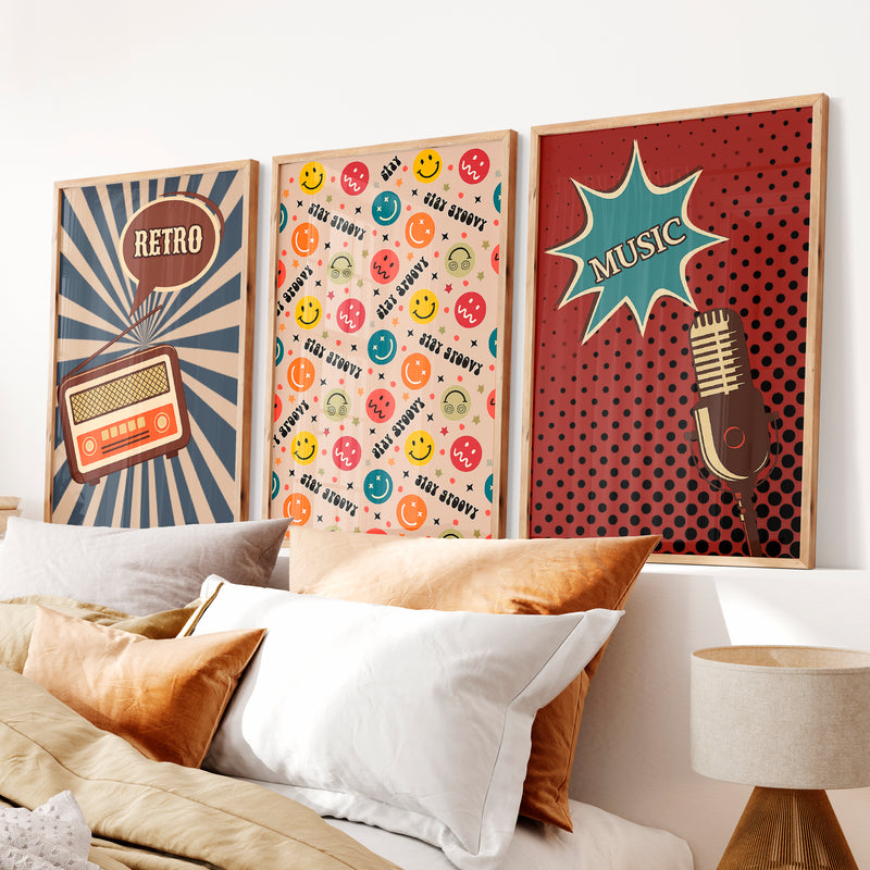 Retro Posters Wall Art with Radio and Music Graphics - Natural Wood Framed Poster No Border - Artworksets