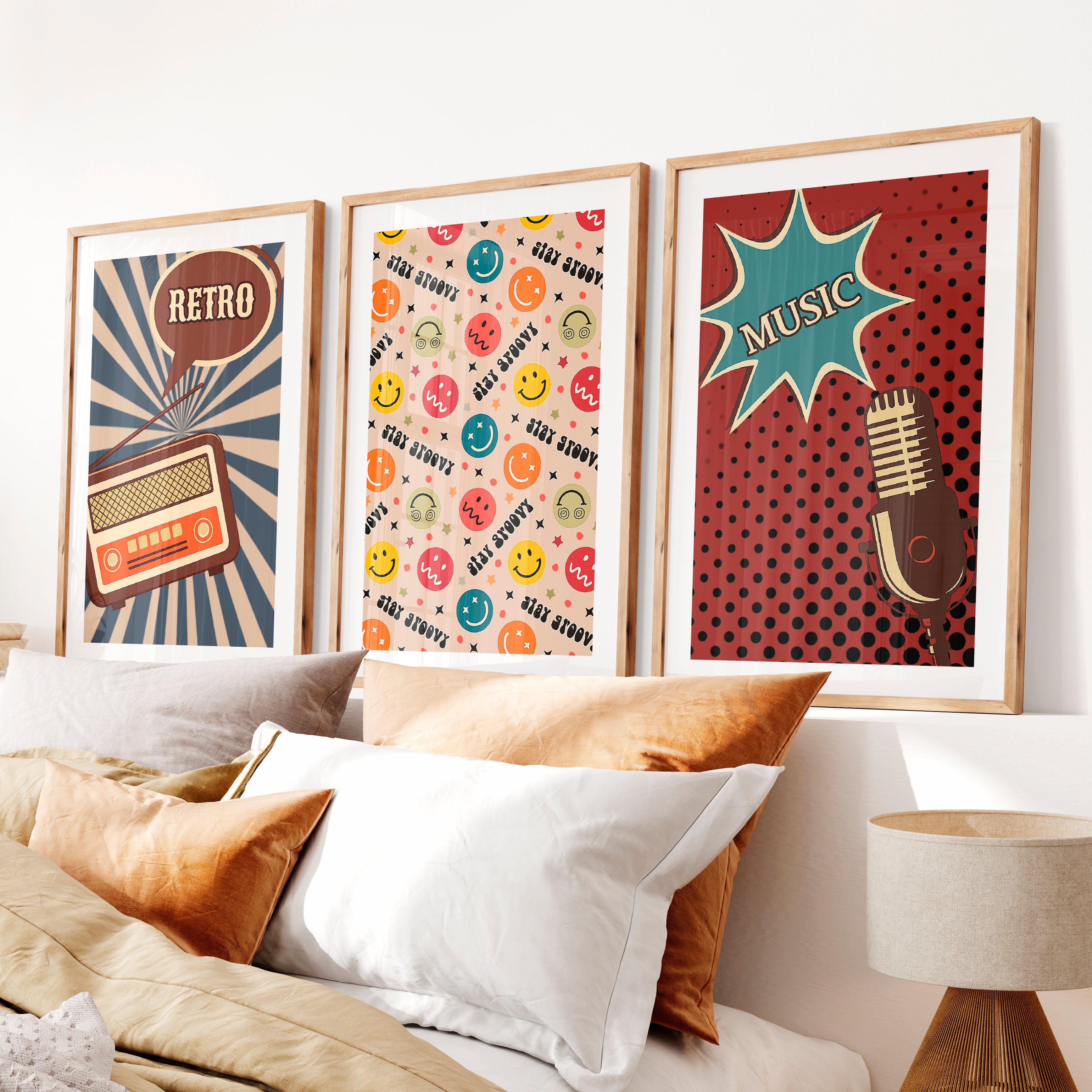 Retro Posters Wall Art with Radio and Music Graphics- Natural Wood Framed Poster with White Border - Artworksets