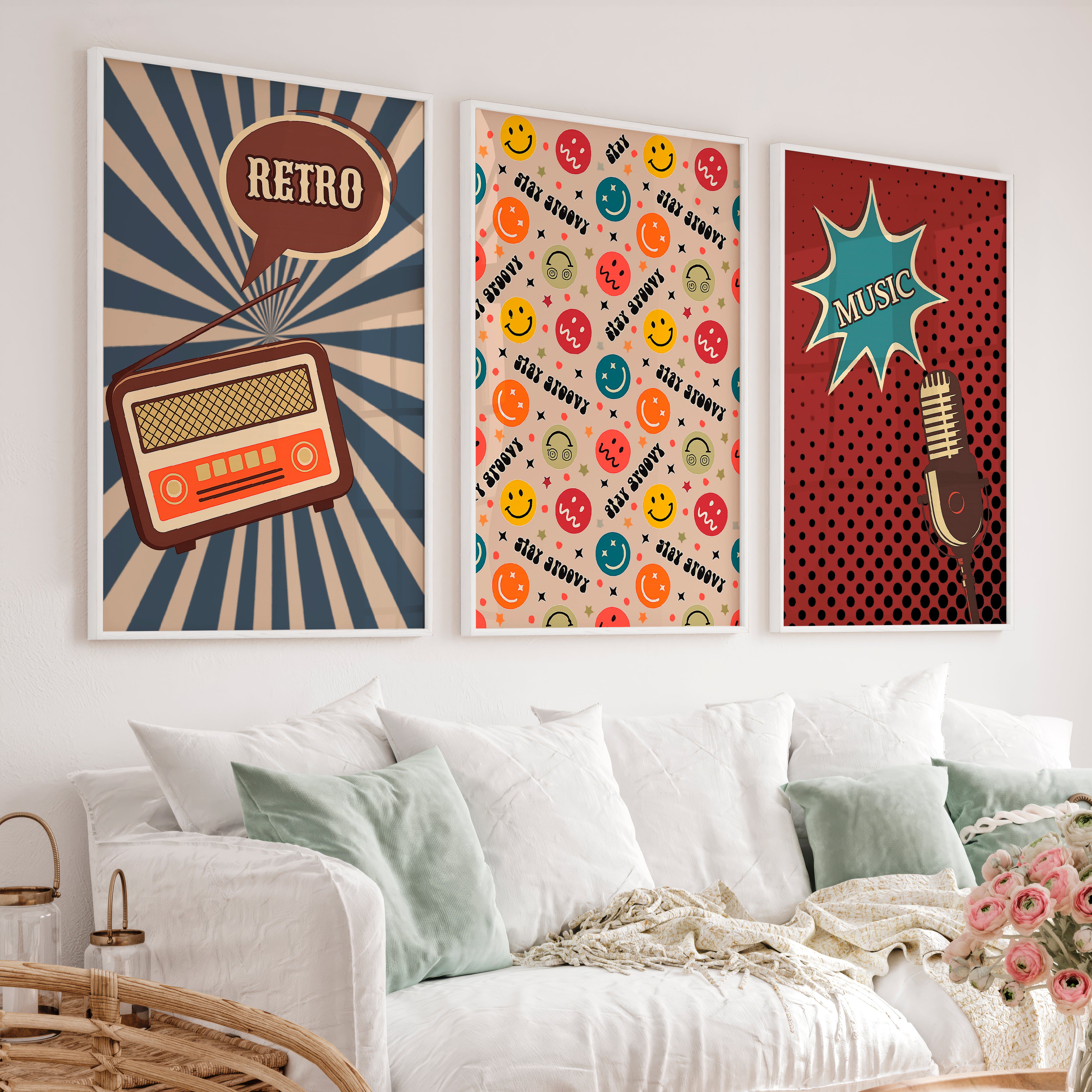 Retro Posters Wall Art with Radio and Music Graphics - White Framed Poster No Border - Artworksets