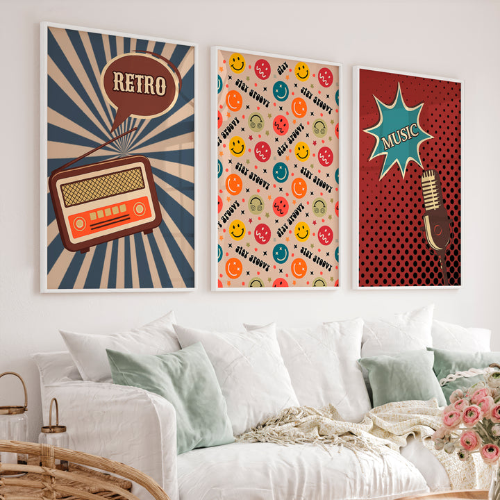 Retro Posters Wall Art with Radio and Music Graphics - White Framed Poster No Border - Artworksets