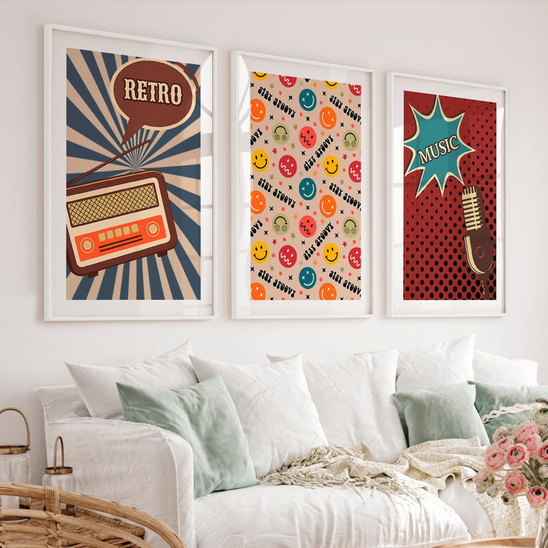 Retro Posters Wall Art with Radio and Music Graphics - White Framed Poster with White Border - Artworksets
