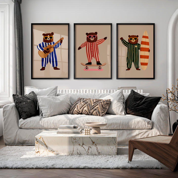 Striped Bear Band Retro Prints - Black Framed Poster No Border - Artworksets