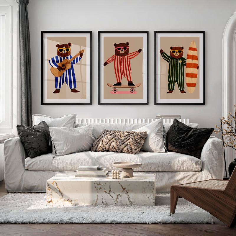 Striped Bear Band Retro Prints - Black Framed Poster with White Border - Artworksets