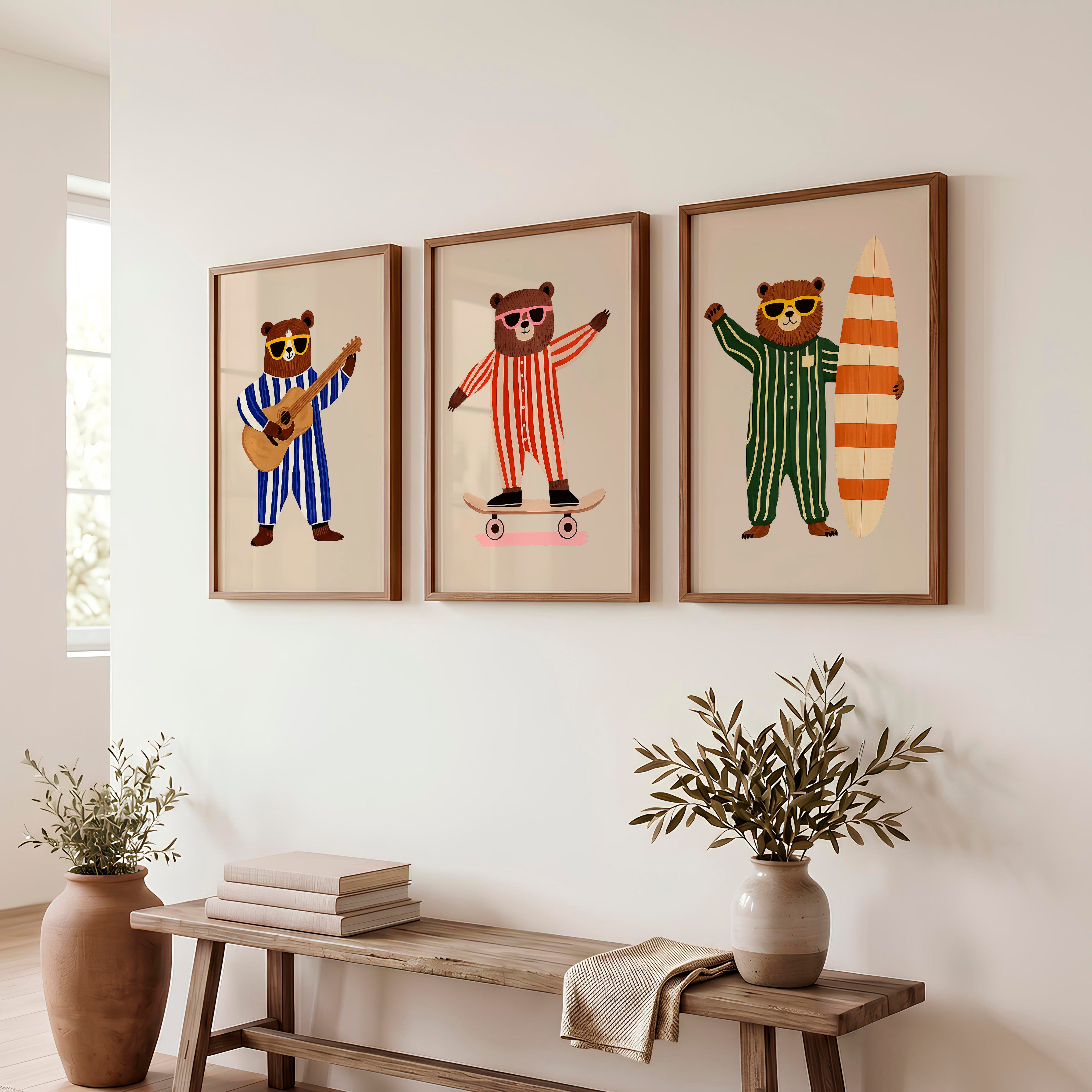 Striped Bear Band Retro Prints - Dark Brown Framed Poster No Border - Artworksets
