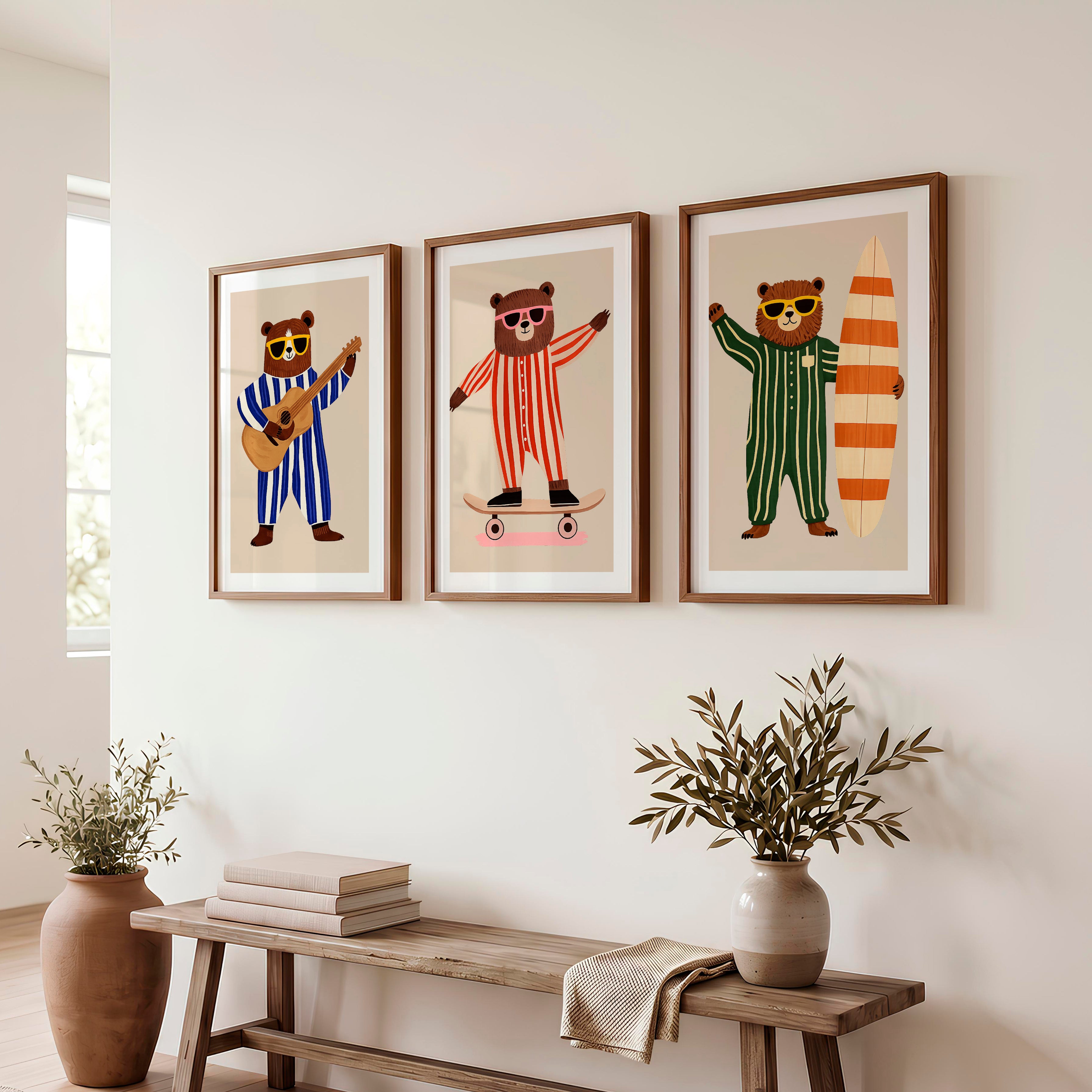 Striped Bear Band Retro Prints - Dark Brown Framed Poster with White Border - Artworksets