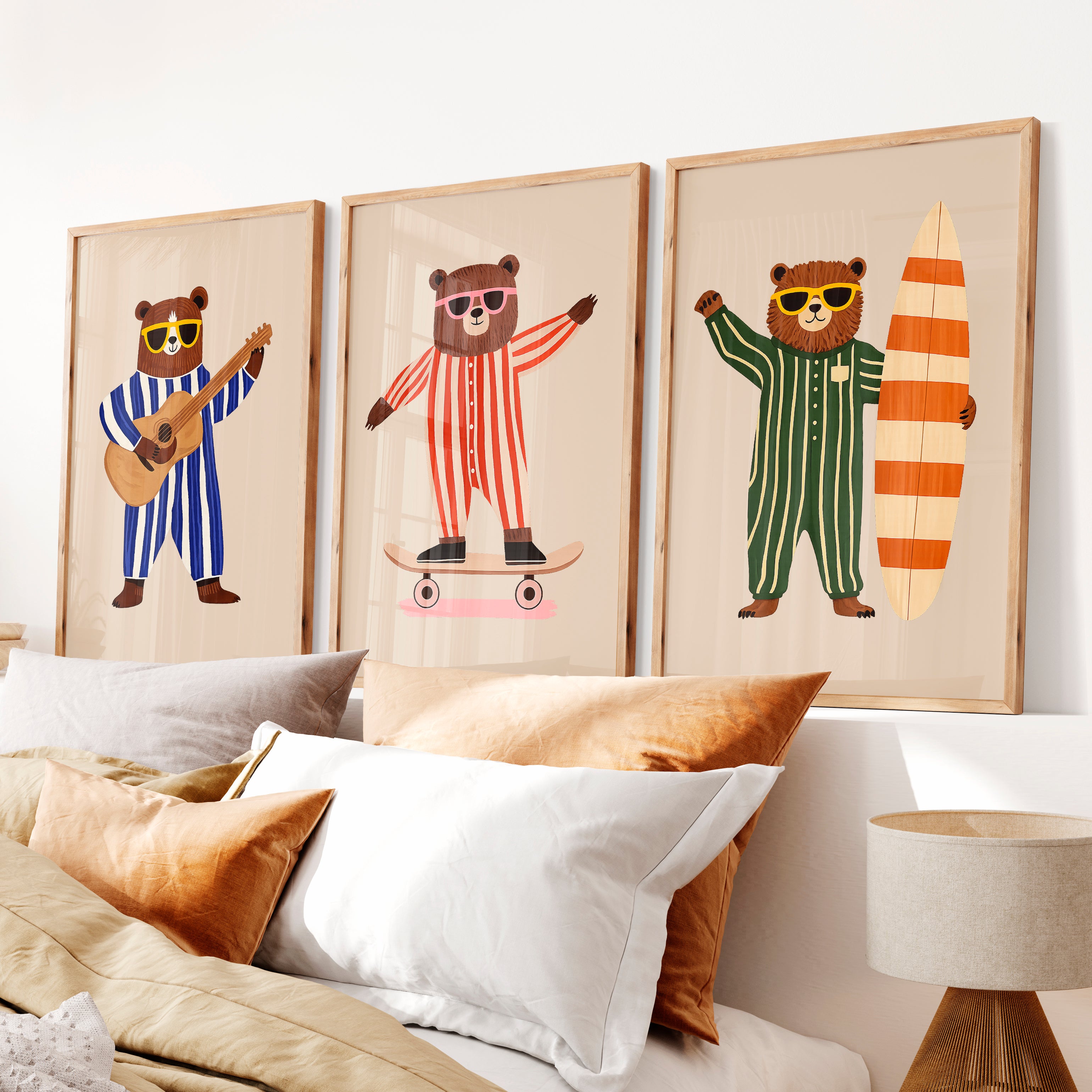 Striped Bear Band Retro Prints - Natural Wood Framed Poster No Border - Artworksets