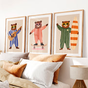 Striped Bear Band Retro Prints- Natural Wood Framed Poster with White Border - Artworksets
