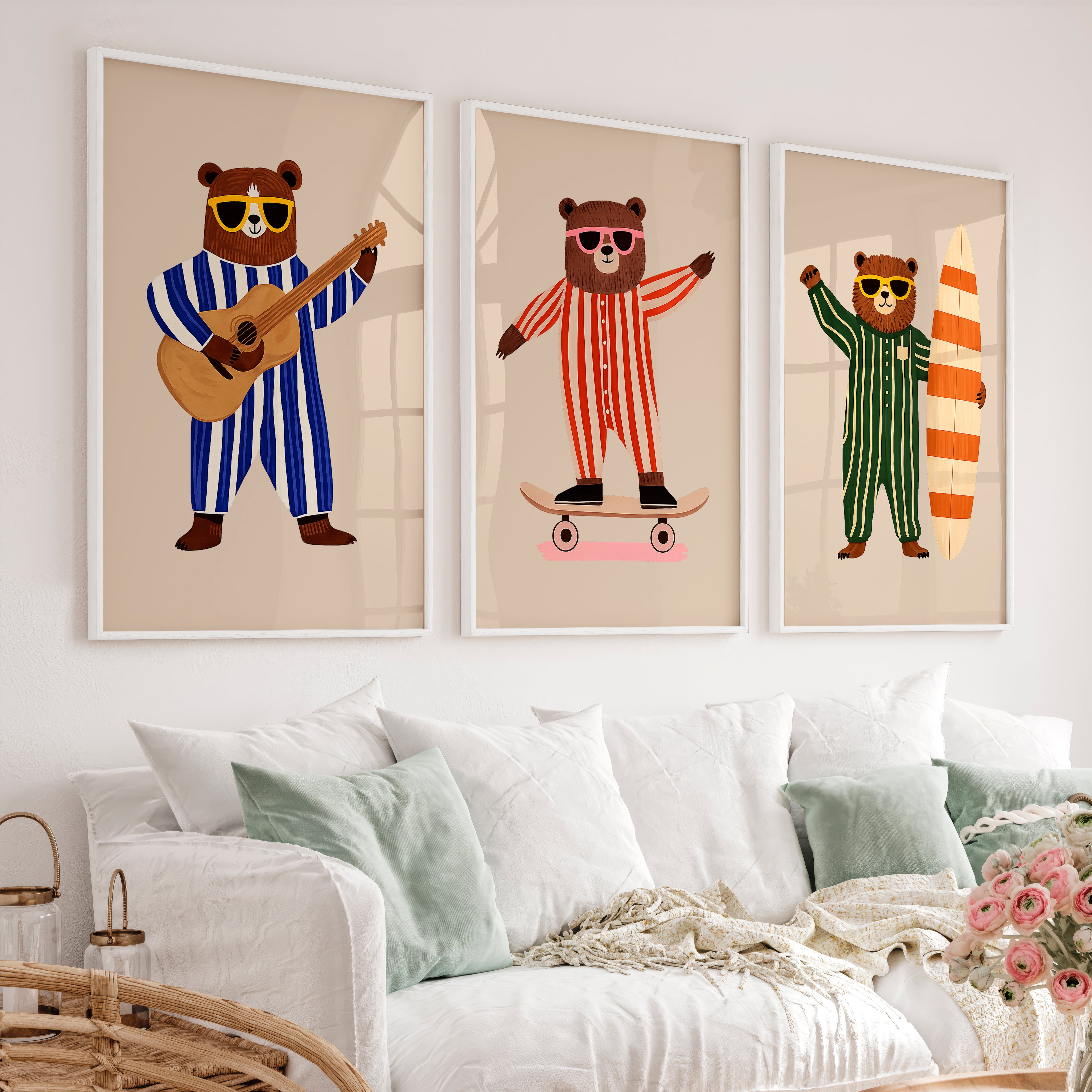 Striped Bear Band Retro Prints - White Framed Poster No Border - Artworksets