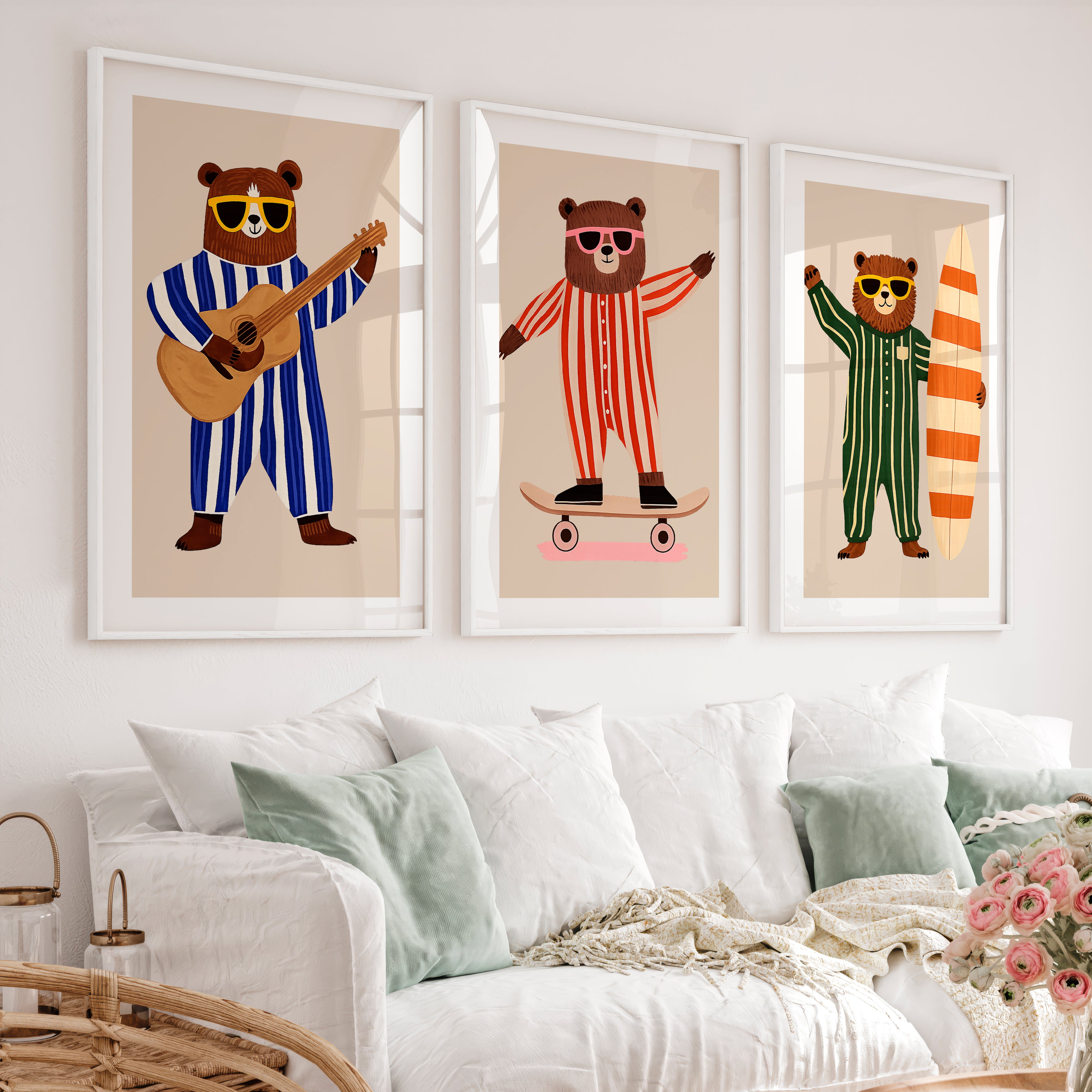 Striped Bear Band Retro Prints - White Framed Poster with White Border - Artworksets
