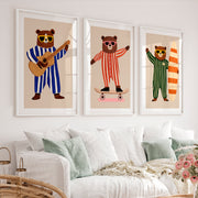 Striped Bear Band Retro Prints - White Framed Poster with White Border - Artworksets