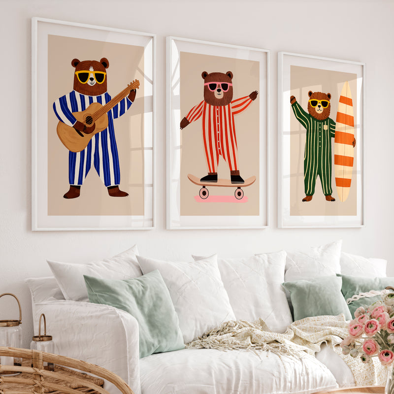 Striped Bear Band Retro Prints - White Framed Poster with White Border - Artworksets