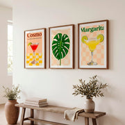 Retro Prints Featuring Cosmo Cocktail and Monstera Leaf - Dark Brown Framed Poster with White Border - Artworksets