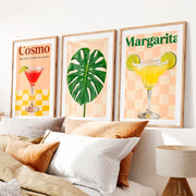Retro Prints Featuring Cosmo Cocktail and Monstera Leaf- Natural Wood Framed Poster with White Border - Artworksets
