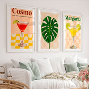 Retro Prints Featuring Cosmo Cocktail and Monstera Leaf - White Framed Poster with White Border - Artworksets