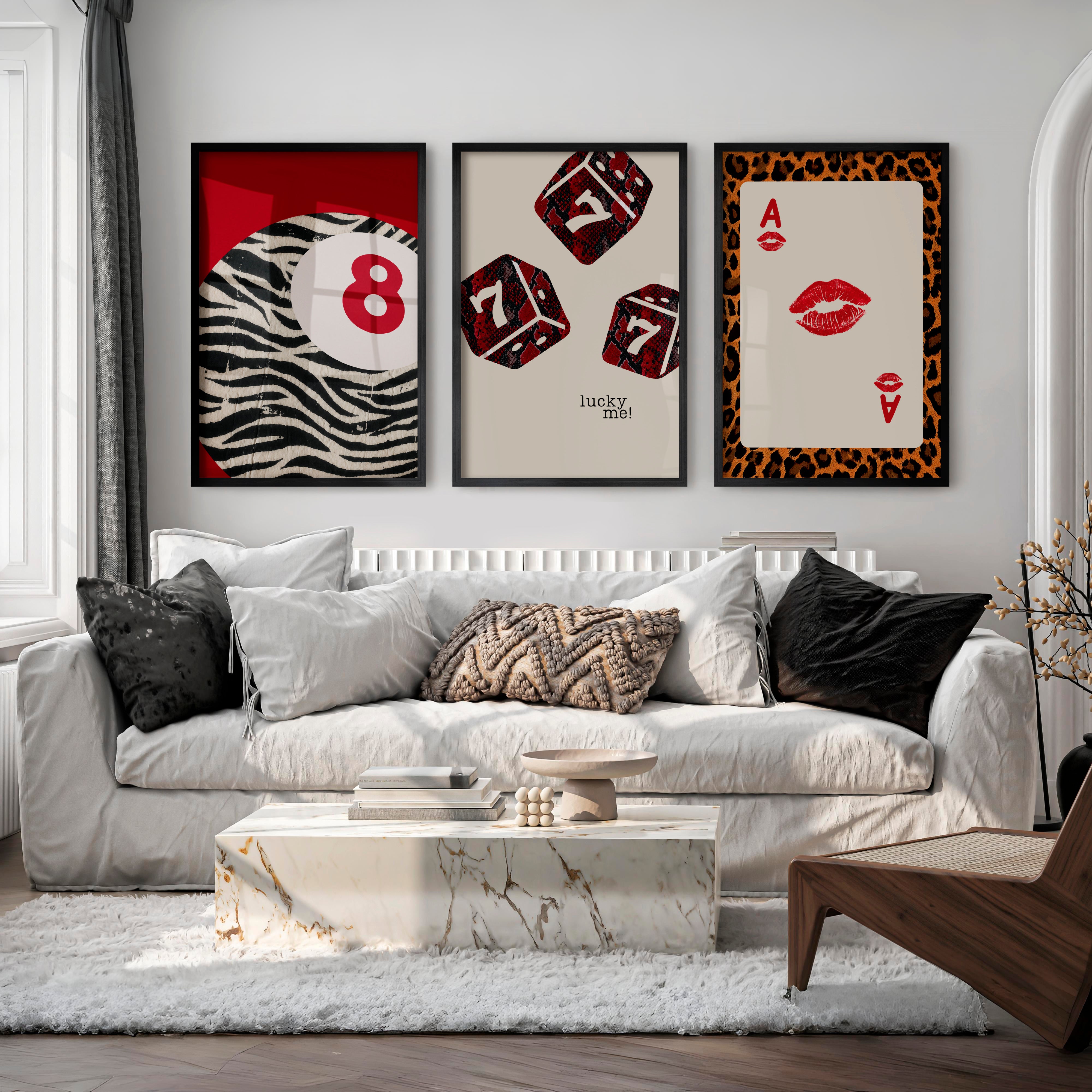Lucky Dice retro prints wall art with Playing Card - Black Framed Poster No Border - Artworksets