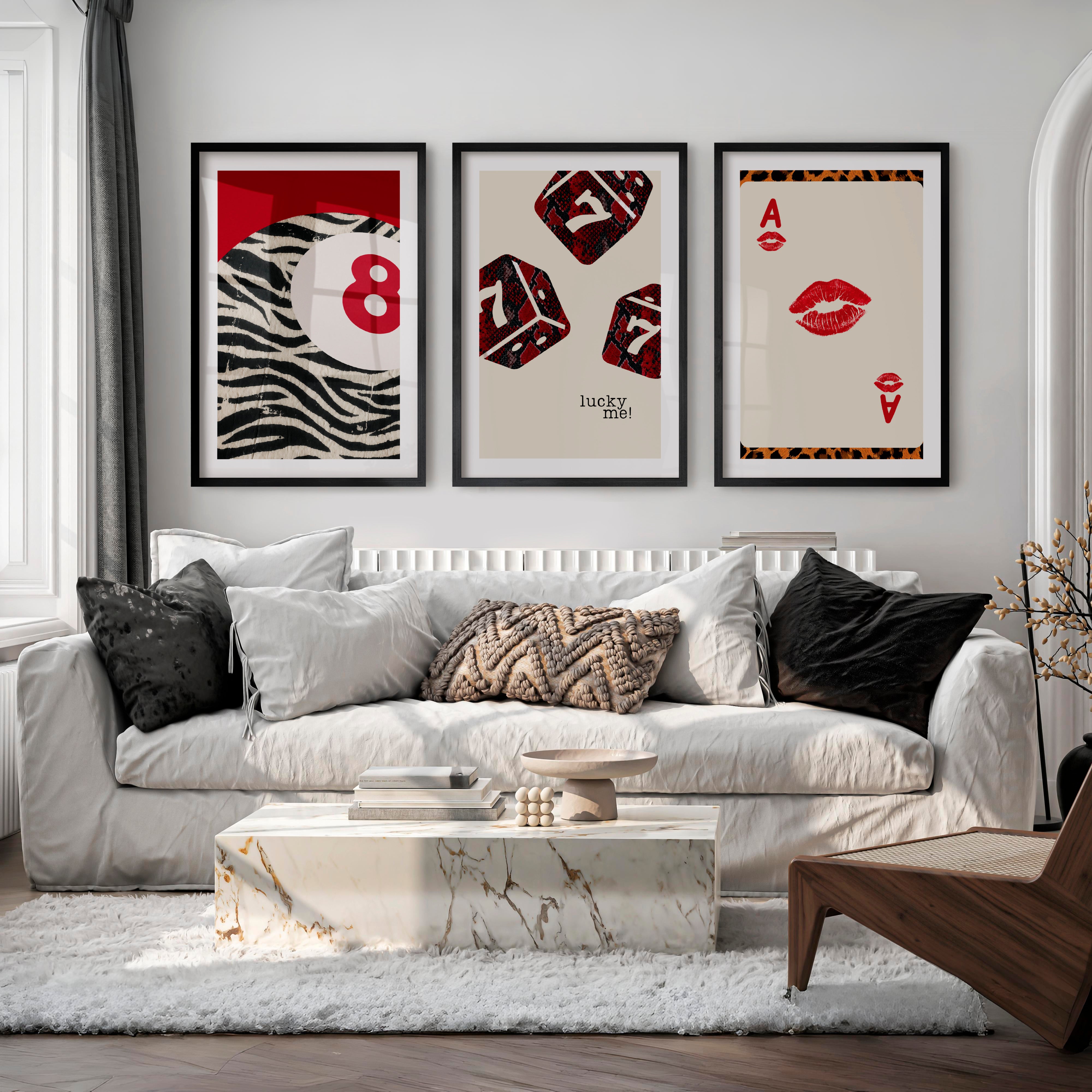 Lucky Dice retro prints wall art with Playing Card - Black Framed Poster with White Border - Artworksets