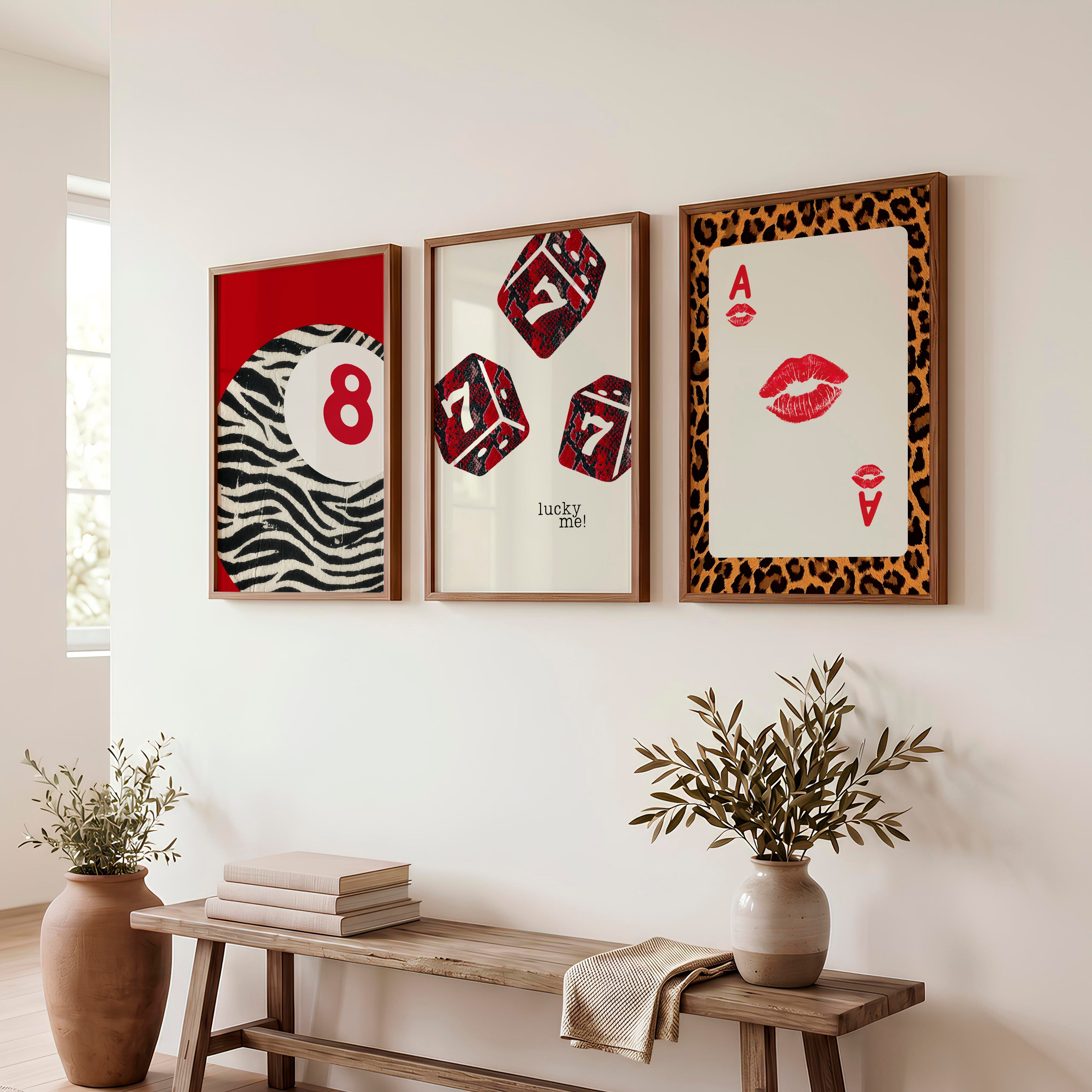 Lucky Dice retro prints wall art with Playing Card - Dark Brown Framed Poster No Border - Artworksets