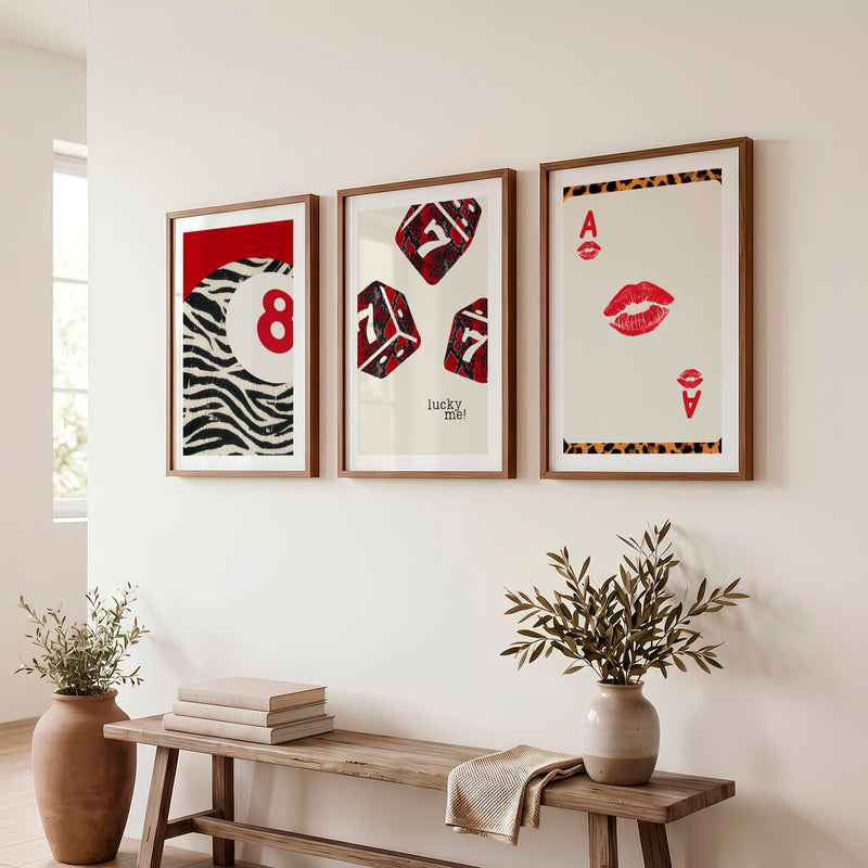 Lucky Dice retro prints wall art with Playing Card - Dark Brown Framed Poster with White Border - Artworksets