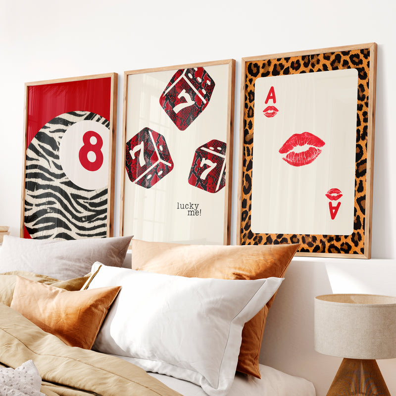 Lucky Dice retro prints wall art with Playing Card - Natural Wood Framed Poster No Border - Artworksets