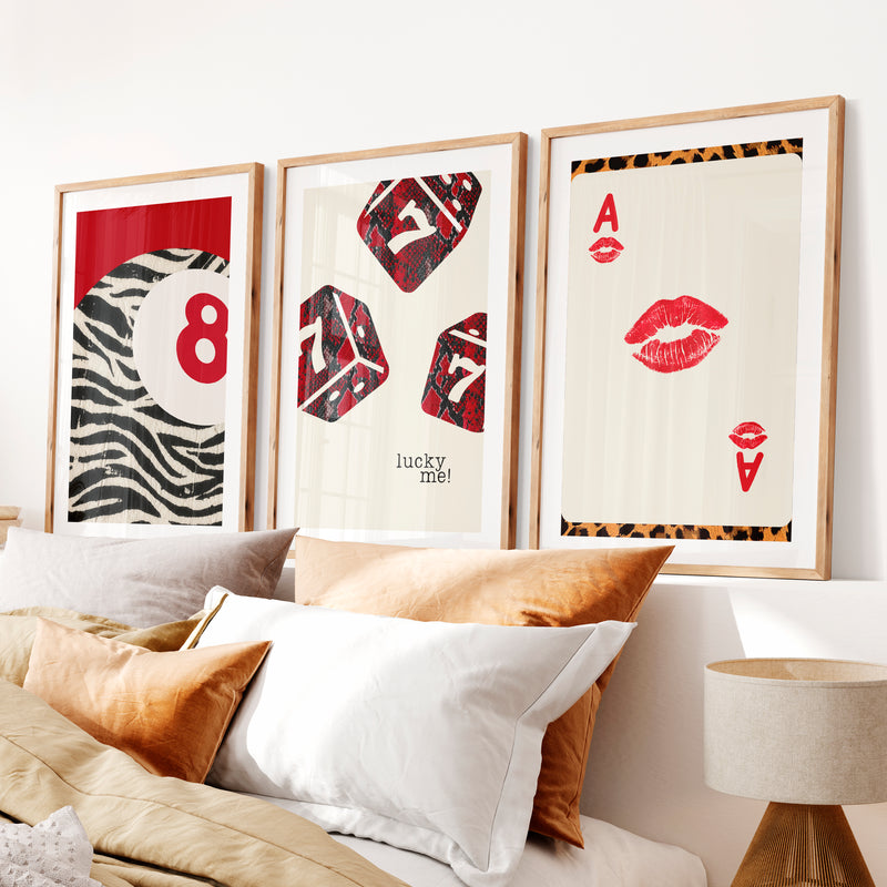 Lucky Dice retro prints wall art with Playing Card- Natural Wood Framed Poster with White Border - Artworksets