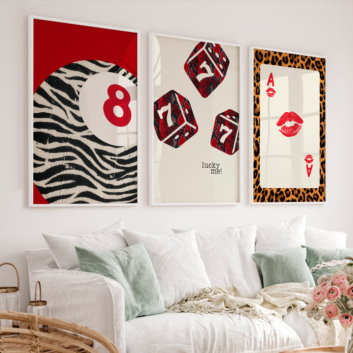 Lucky Dice retro prints wall art with Playing Card - White Framed Poster No Border - Artworksets