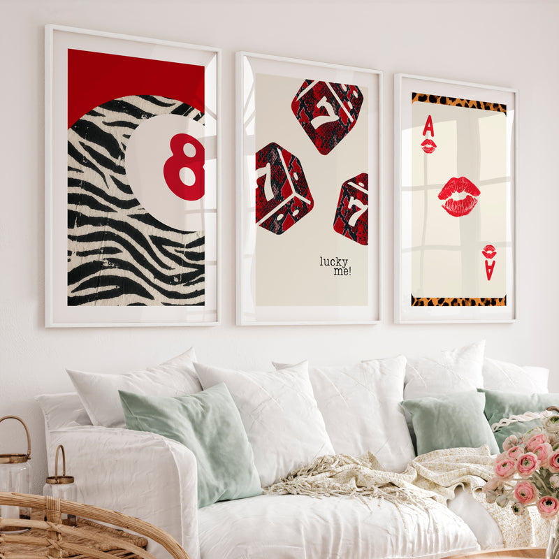 Lucky Dice retro prints wall art with Playing Card - White Framed Poster with White Border - Artworksets