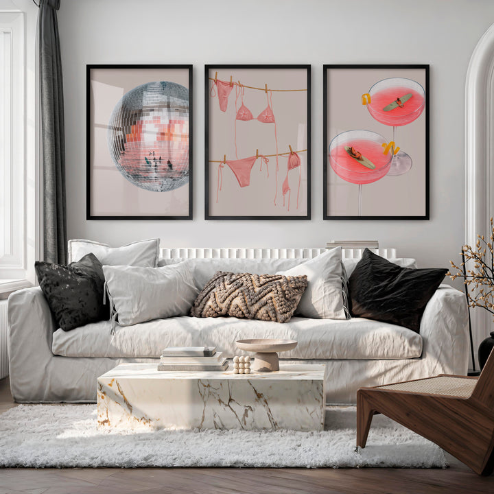 Retro Prints Wall Art with Disco Ball and Pink Cocktails - Black Framed Poster No Border - Artworksets