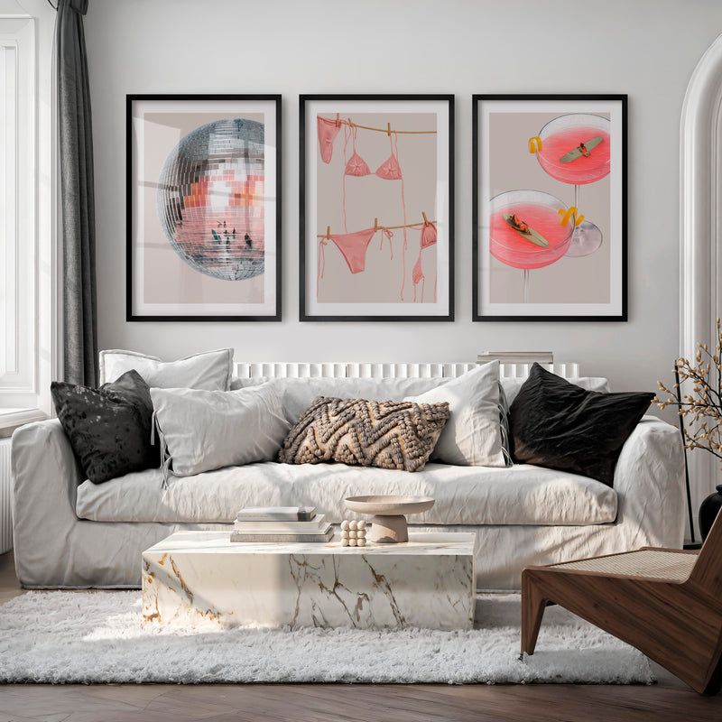 Retro Prints Wall Art with Disco Ball and Pink Cocktails - Black Framed Poster with White Border - Artworksets