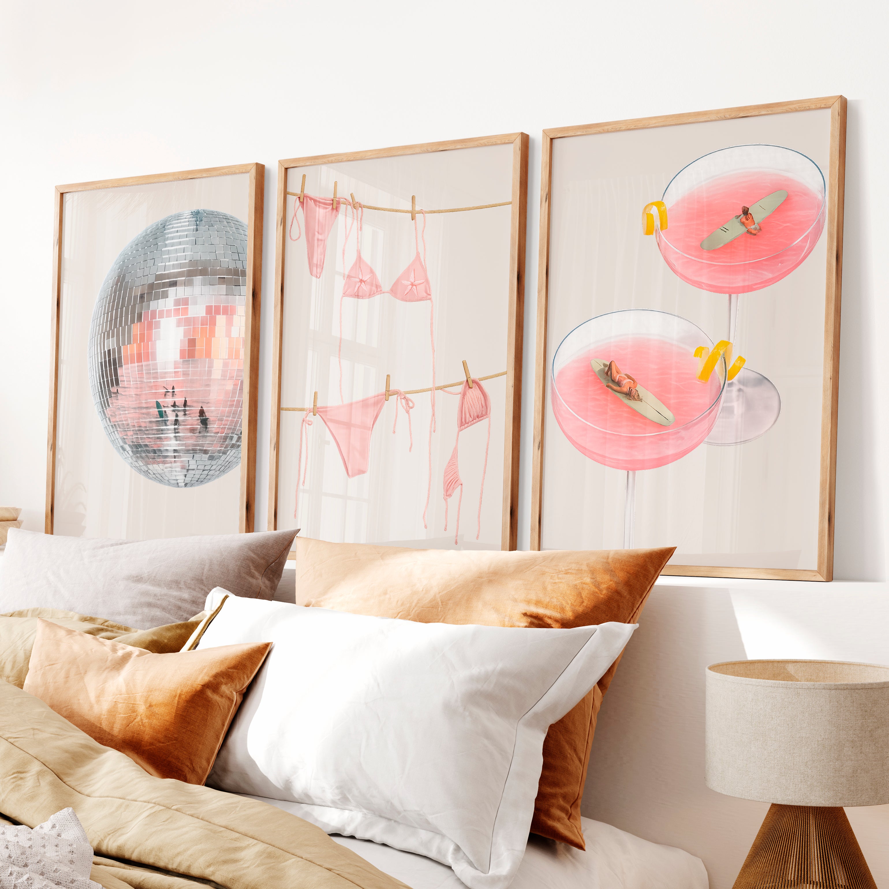 Retro Prints Wall Art with Disco Ball and Pink Cocktails - Natural Wood Framed Poster No Border - Artworksets