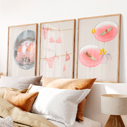 Retro Prints Wall Art with Disco Ball and Pink Cocktails - Natural Wood Framed Poster No Border - Artworksets
