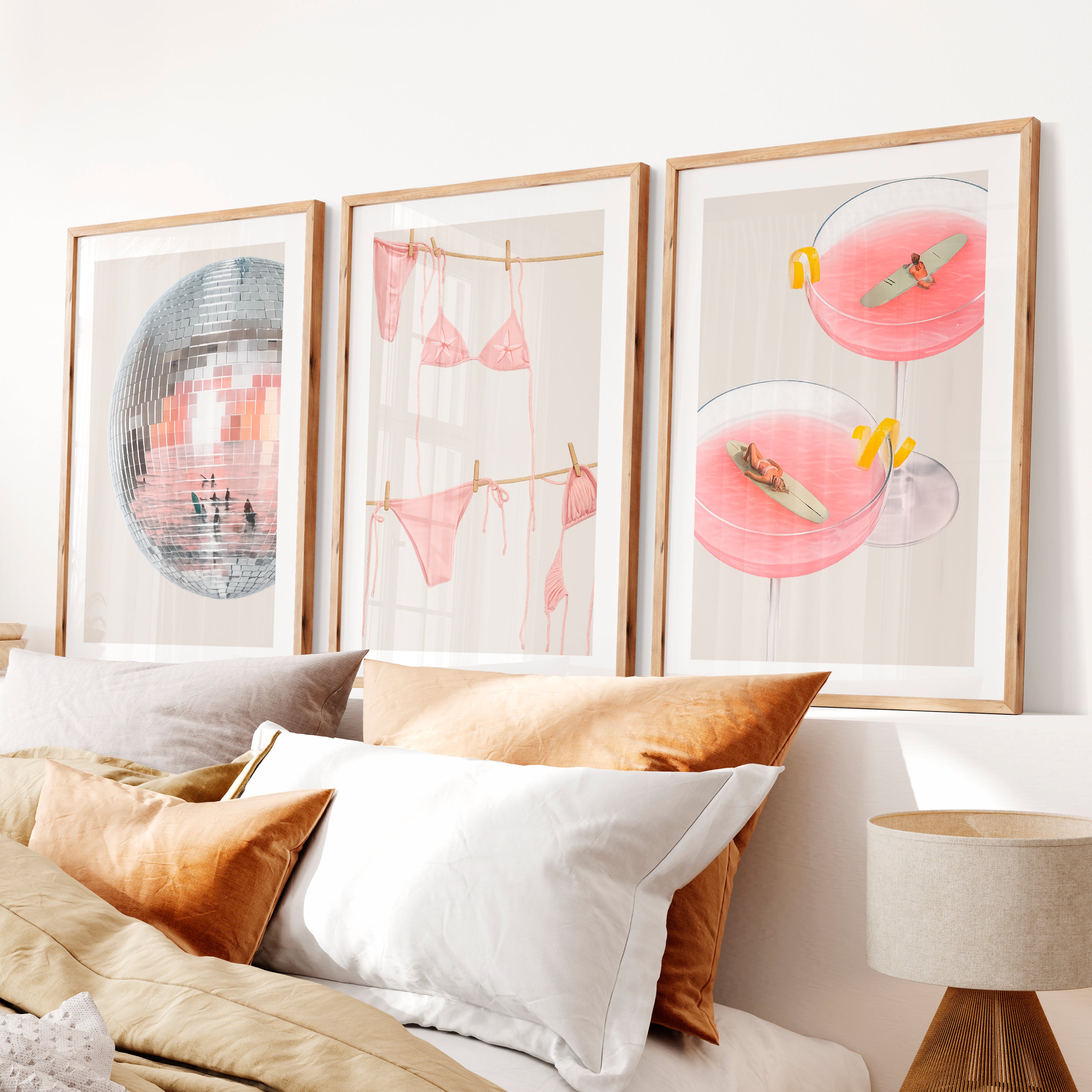 Retro Prints Wall Art with Disco Ball and Pink Cocktails- Natural Wood Framed Poster with White Border - Artworksets