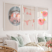 Retro Prints Wall Art with Disco Ball and Pink Cocktails - White Framed Poster No Border - Artworksets
