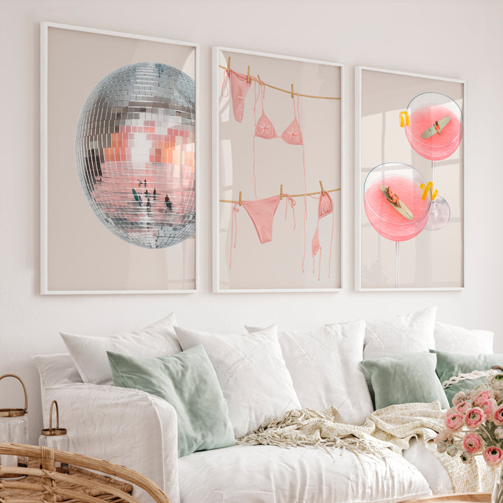 Retro Prints Wall Art with Disco Ball and Pink Cocktails - White Framed Poster No Border - Artworksets