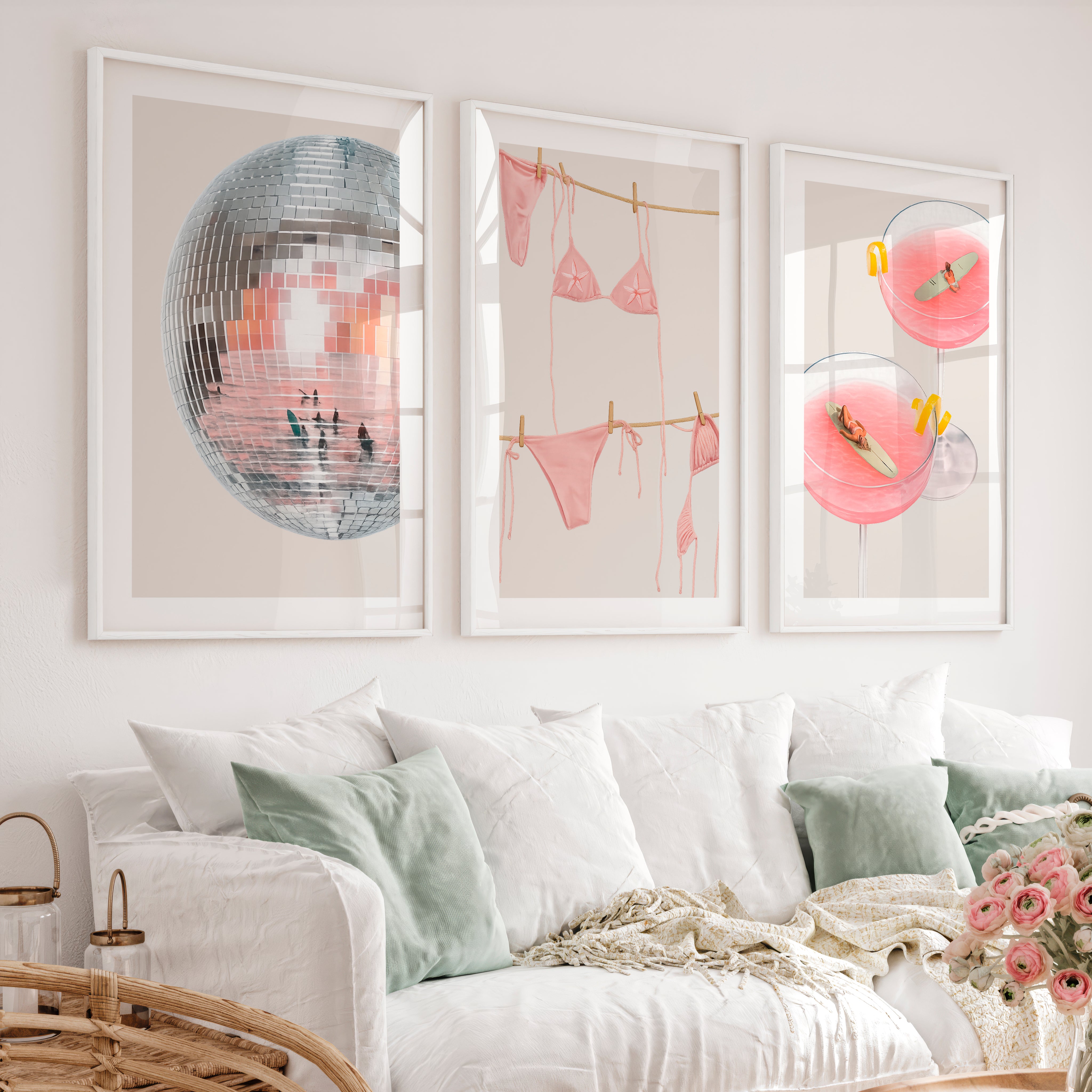 Retro Prints Wall Art with Disco Ball and Pink Cocktails - White Framed Poster with White Border - Artworksets