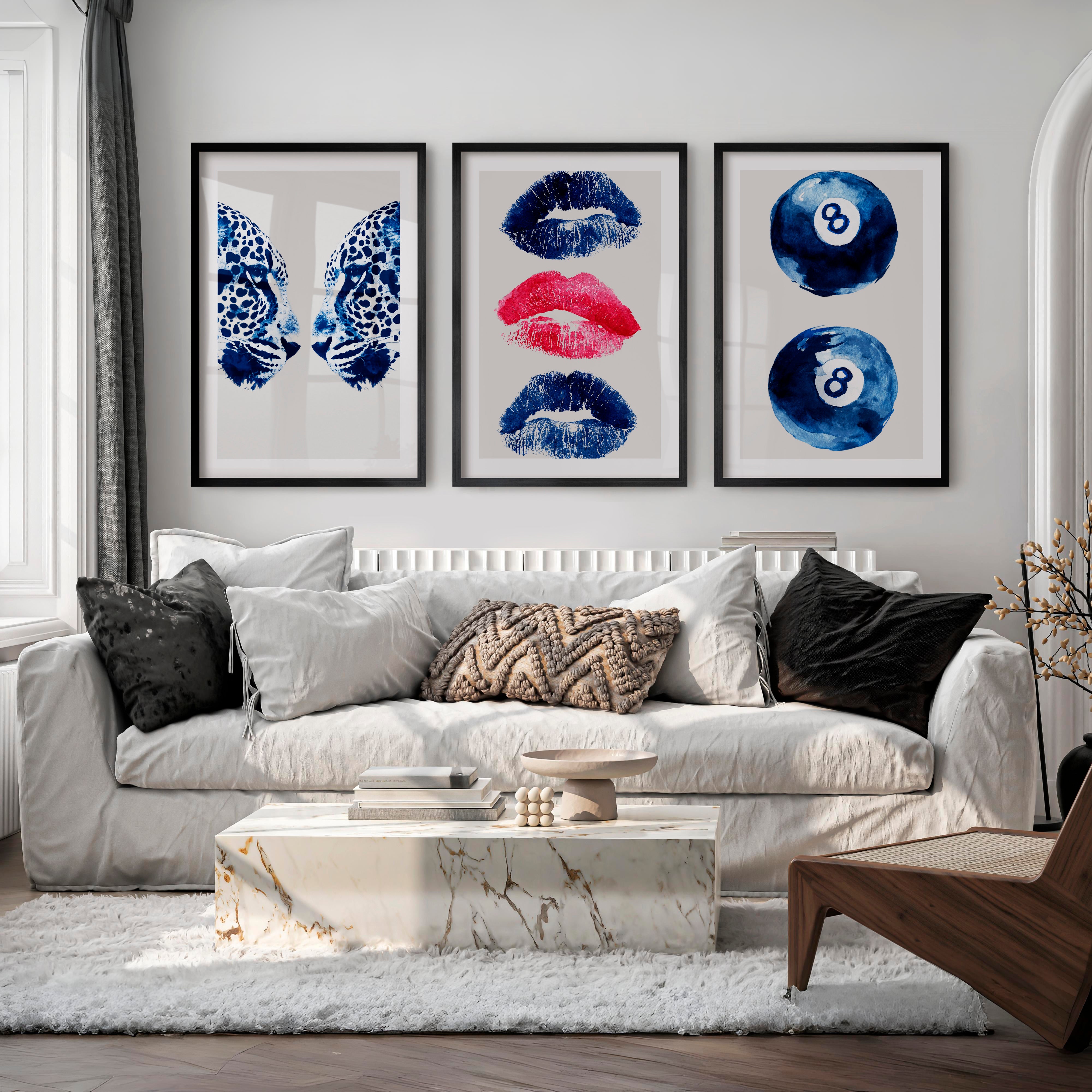 Blue Cheetah Retro Room Art - Black Framed Poster with White Border - Artworksets