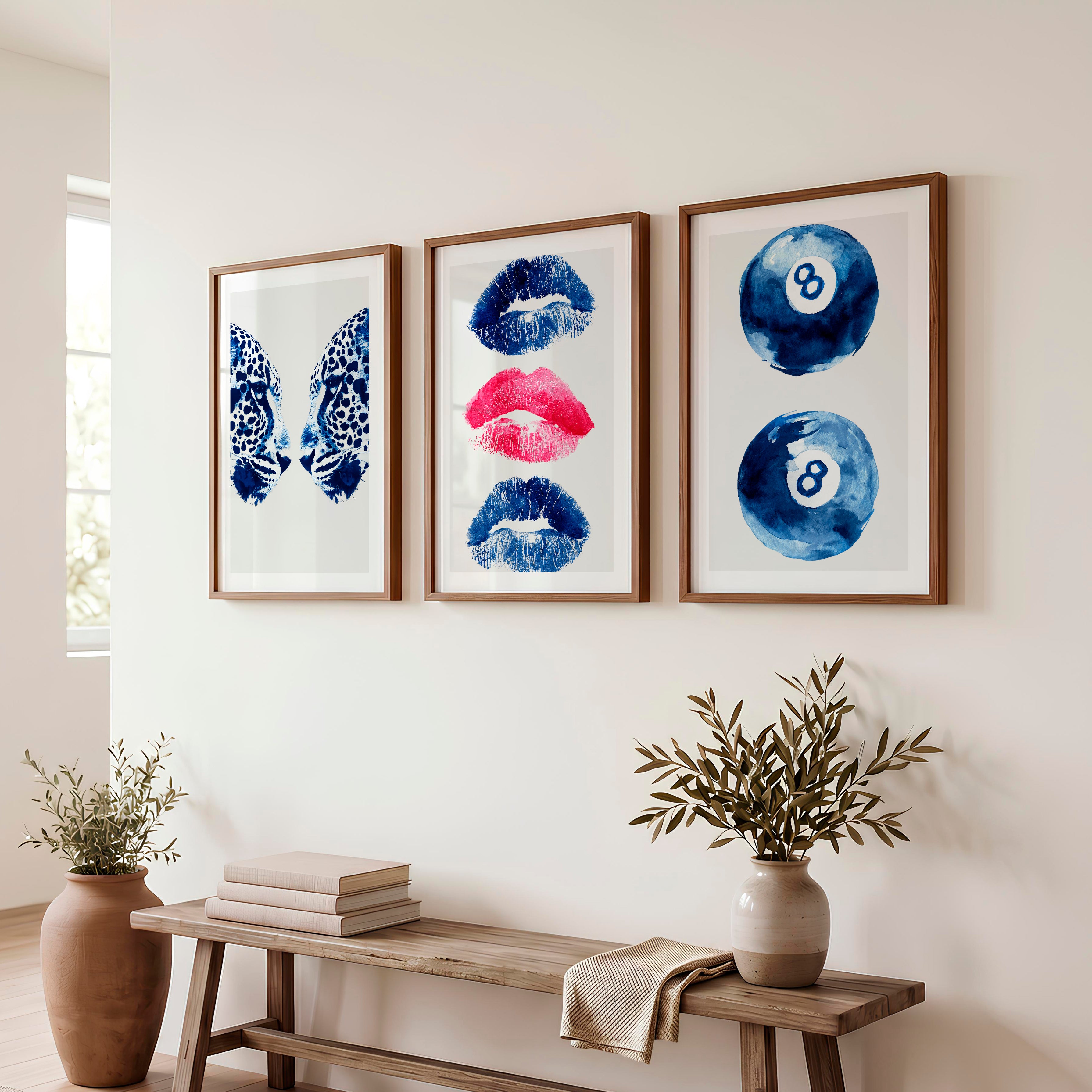 Blue Cheetah Retro Room Art - Dark Brown Framed Poster with White Border - Artworksets